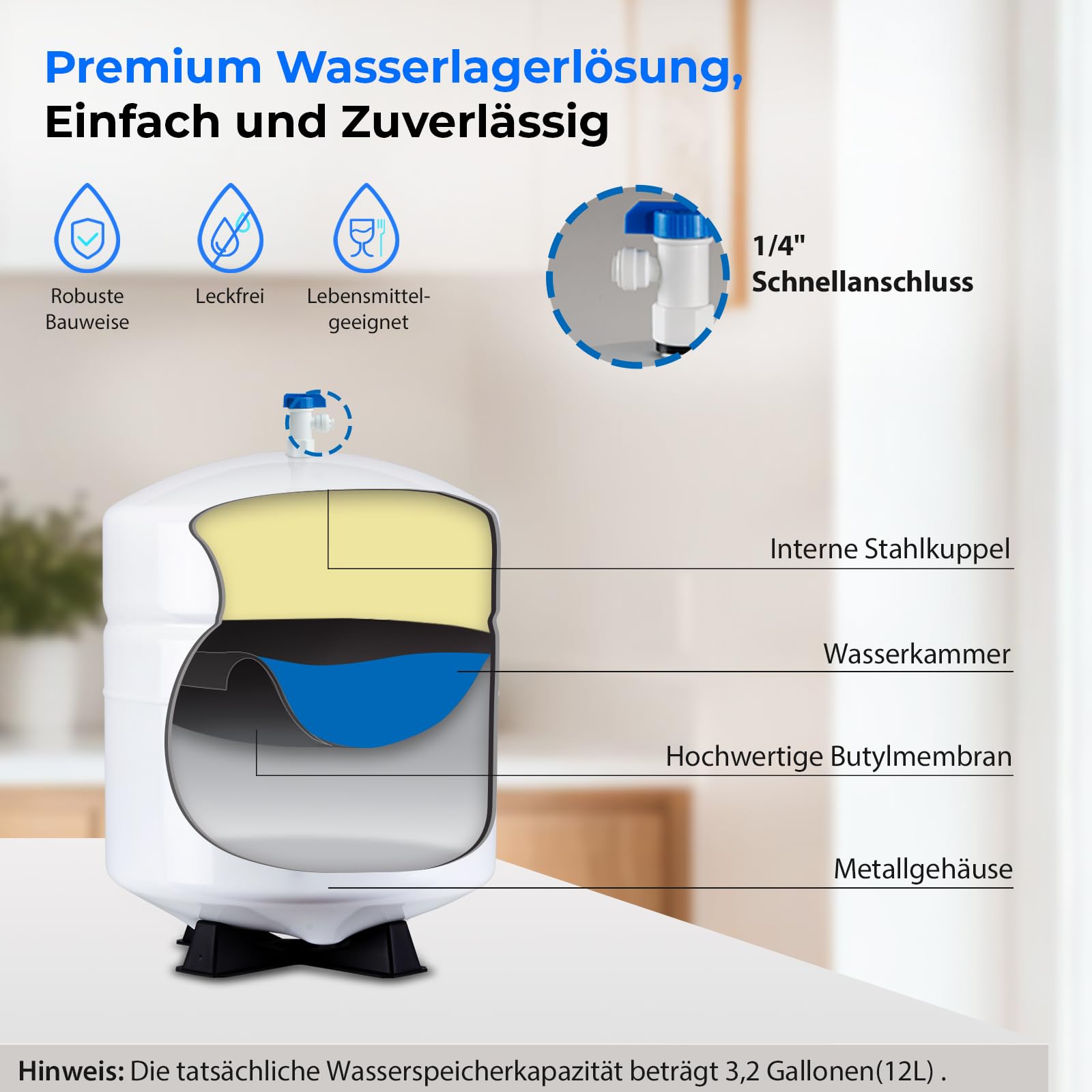 iSpring T32M Umkehrosmose 3.2 G Wassertank, 12 L Wasser Container lebensmittelecht, 1/4"-Tankventil im Lieferumfang enthalten