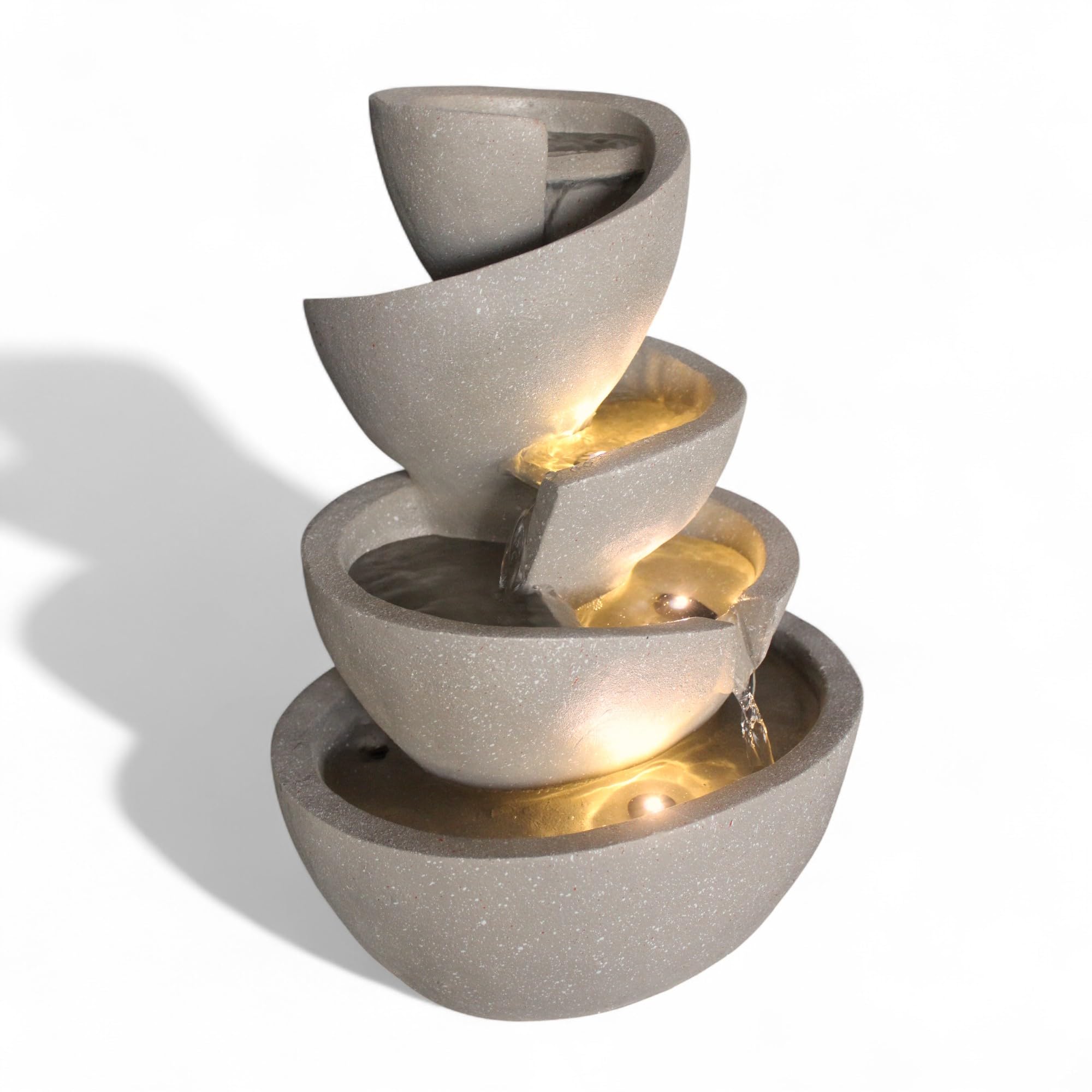 LED Zimmerbrunnen Springbrunnen Innen- & Außenbrunnen aus Polyresin, 39 cm hoch, mit warmweißen LED-Spots, Gartenbrunnen – Deko Brunnen für Wohnzimmer, Büro & Garten