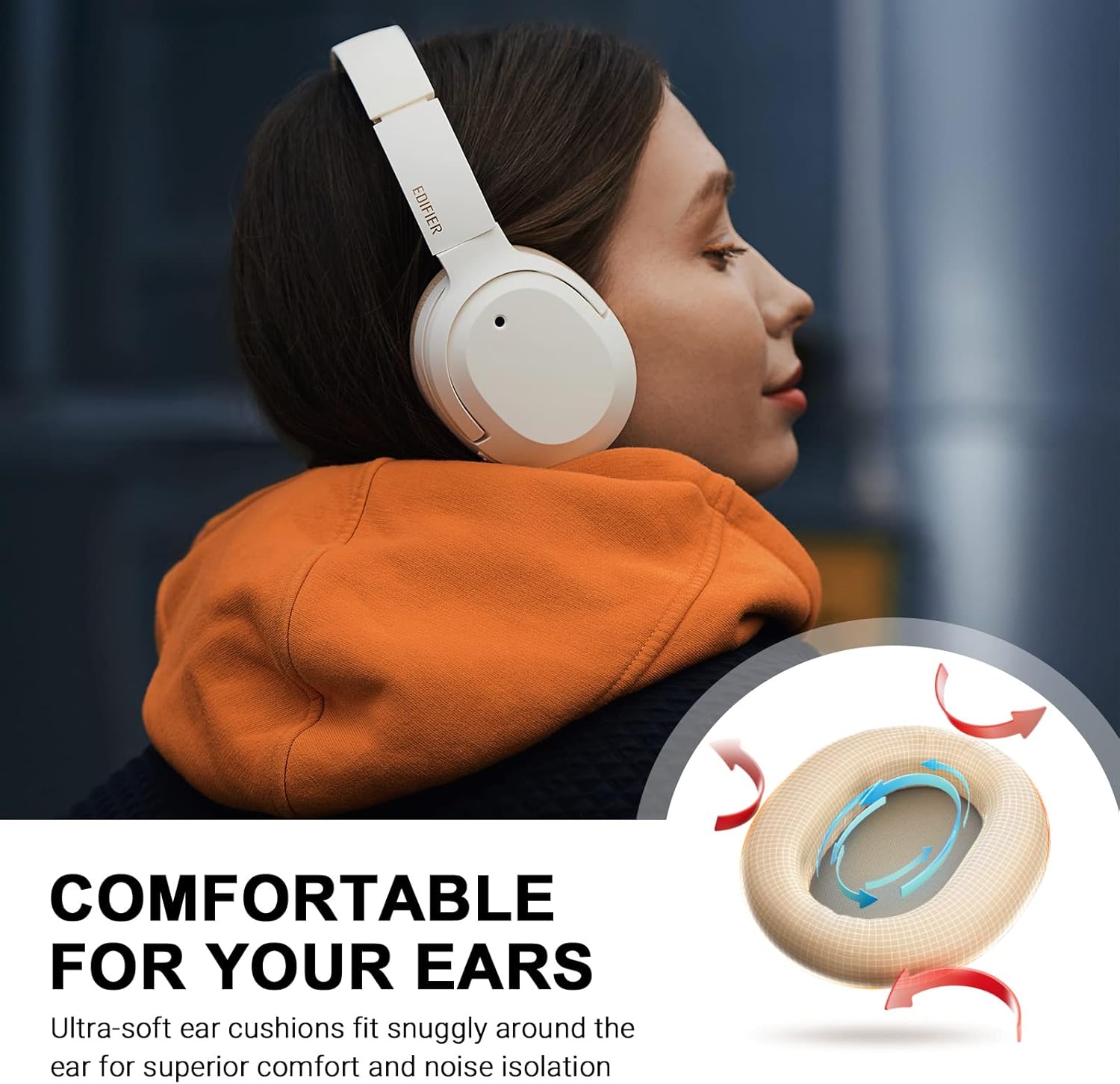 Edifier W820NB Plus Active Noise Cancelling Headphones, Wireless Over Ear Headphones with Hi-Res Sound, 49H Playtime, Bluetooth Headphones with Comfortable Fit, Custom EQ via App, Ivory