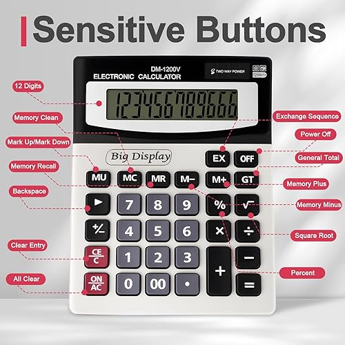 Miniatura 5 de Calculadora de escritorio, pantalla LCD extragrande de 4 pulgadas, 12 dígitos, energía solar y de batería dual, calculadoras de escritorio con