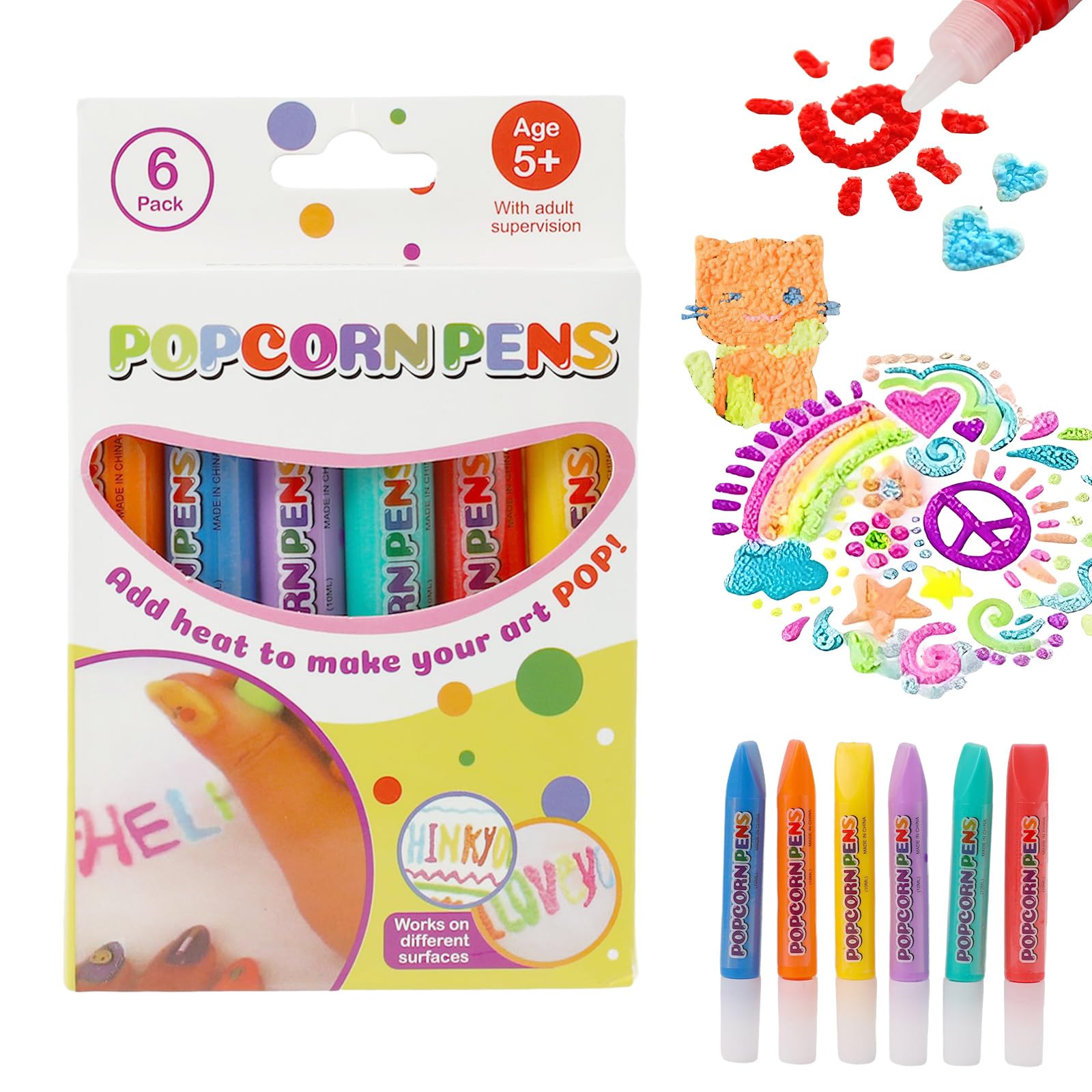 Eznaobo 3D Magic Popcorn Drawing Pens,6Pcs Heat Activated Puffy Paint Pens, Bubble Popcorn DIY Art Set, Non-Toxic & Low-Odor, Works on Paper/Fabric/Wood, Creative Craft Gift for Kids Ages 6+ (6pcs-B)