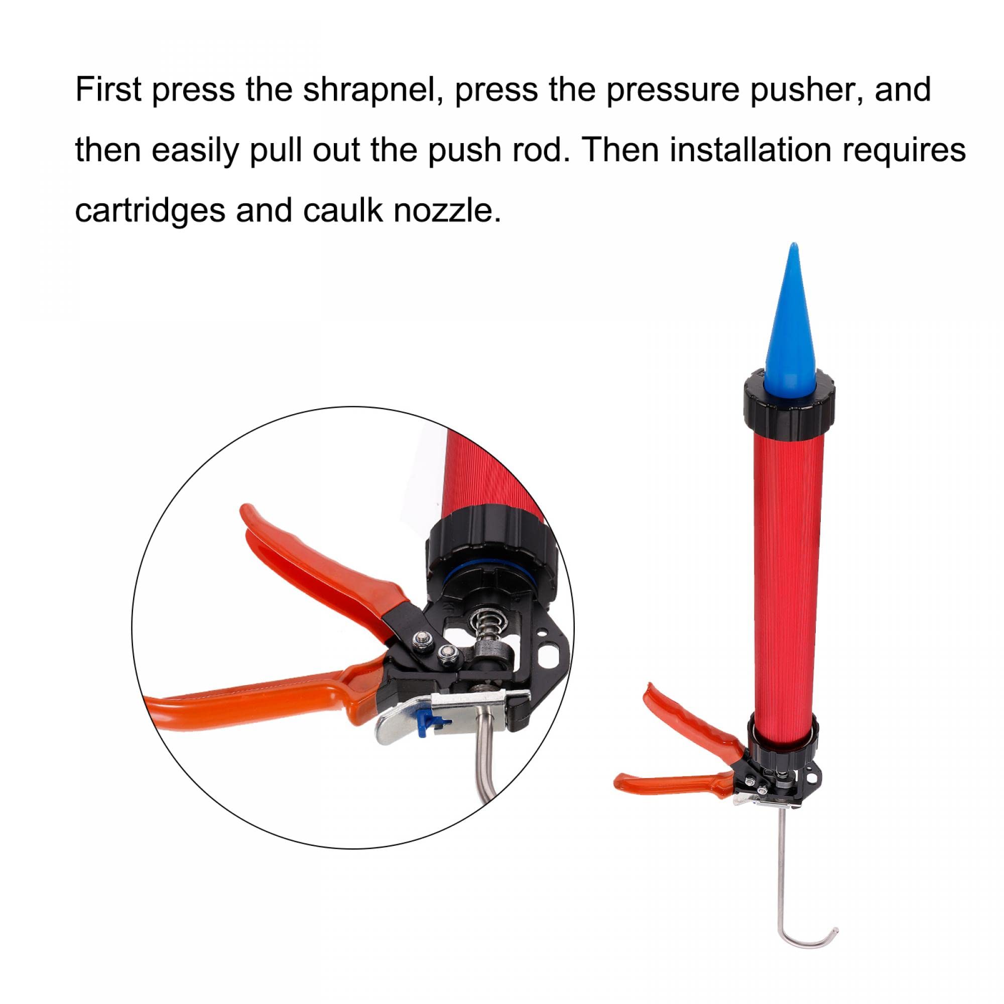 sourcing map Manual Salchicha Calafateo Pistola, 54,5 cm Inoxidable Acero Sellador Cartucho Tubo Calafateo Aplicador 600ml, 12:1 Empuje Relación con Conos Boquillas, Electroforético Rojo