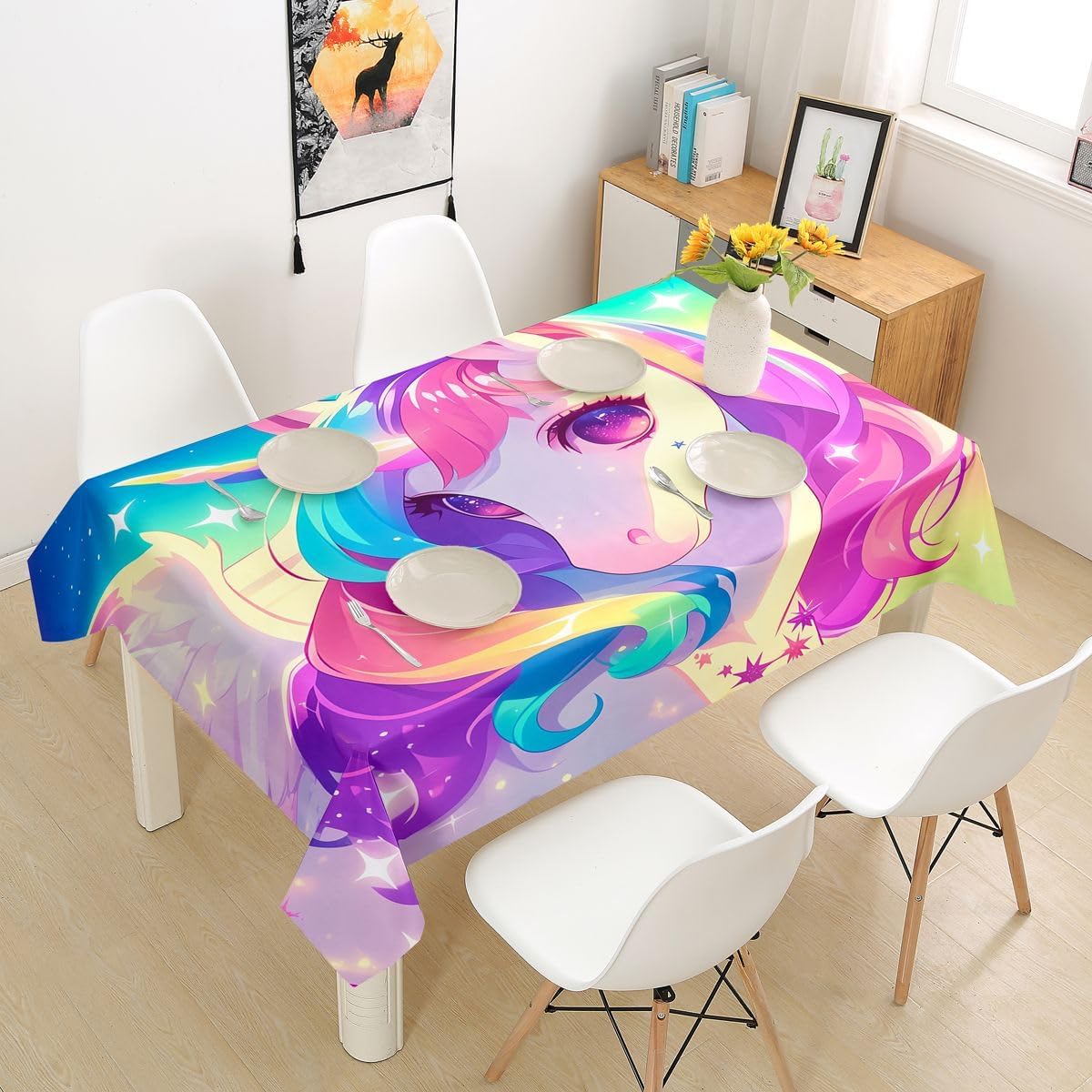 Homewish Girl Unicorn Tablecloths,Cartoon Rainbow Unicorn Table Cloth,Dreamy Horse Table Accessories for Kitchen Dining Room Decor,Colorful Starry Sky Dining-Table Cover,55"x94"