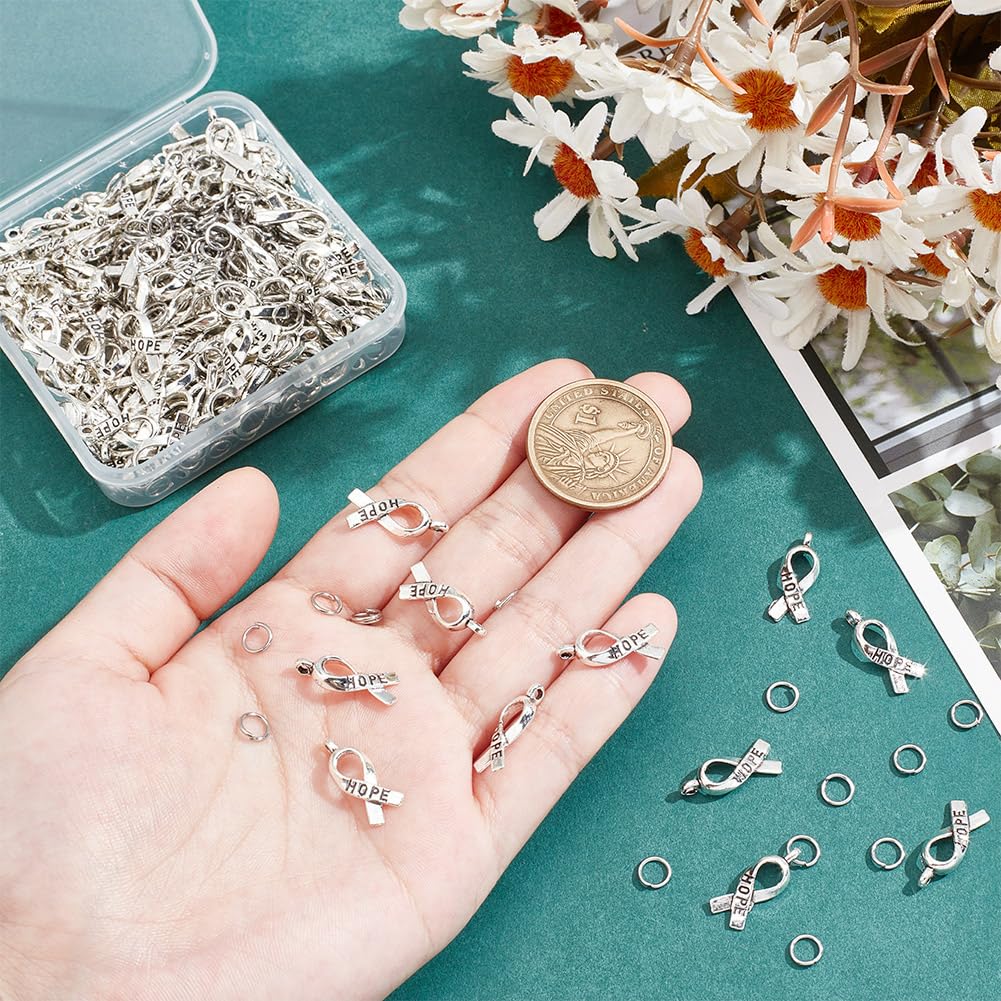 HOBBIESAY 150Pcs Antique Silver Hope Ribbon Pendant 19mm Tibetan Style Hope Ribbon Charms with 300Pcs Jump Rings Alloy Ribbon Dangle Pendants for Bracelet Necklace Earrings Making Hole: 2mm - Image 3