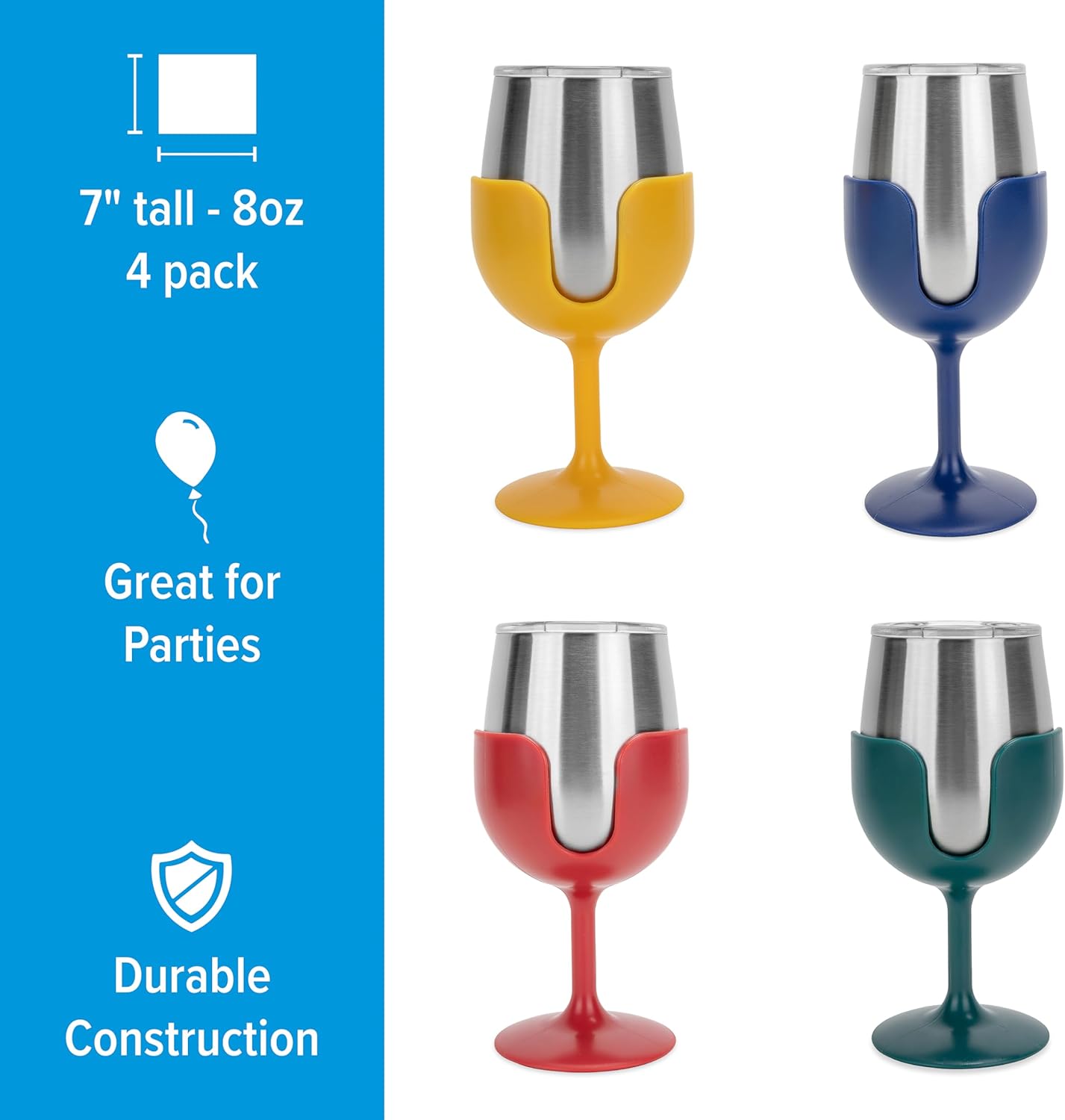 Camco Life is Better at The Campsite Stainless Steel Wine Tumbler 4-Pack - Features Heavy Duty Double Wall Vacuum Insulation & Removable Navy, Red, Green & Yellow Stems - Holds 8-oz Each (53465)