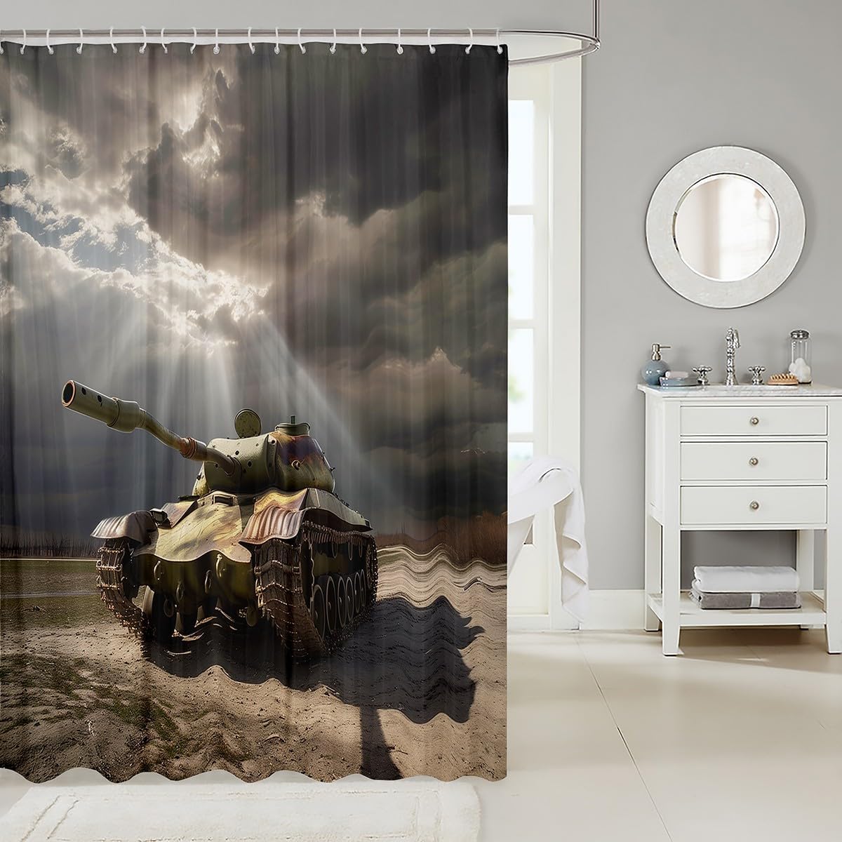 Erosebridal Old Soviet Tank Shower Curtain Vintage Tank of World War II Running On The Grass Bathroom Shower Curtain Sets, Running Tank in Rays of Sun Fabric Shower Curtain 72" Wx78 L