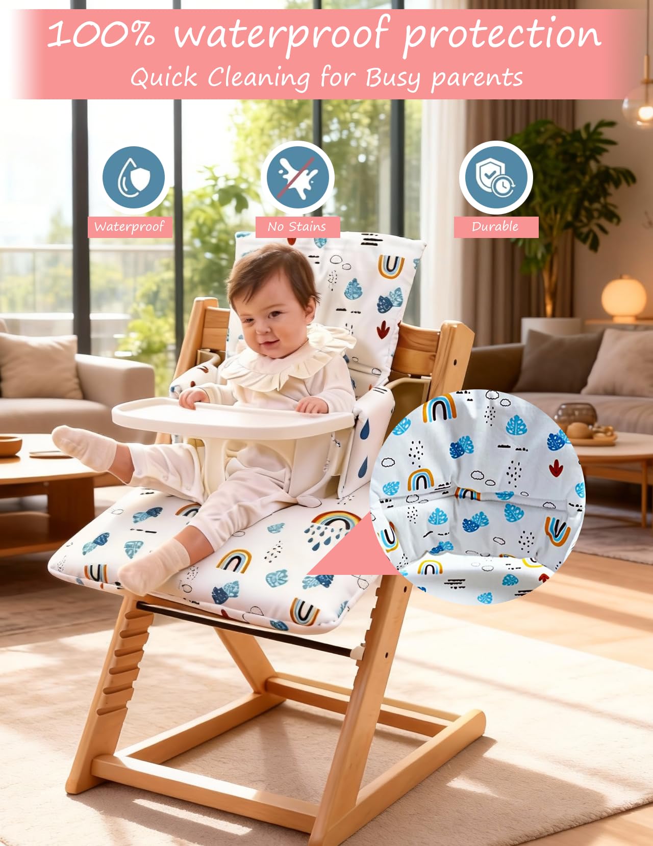 High Chair Seat Cushion Set, 2-Piece Waterproof Seat Cushion for Stokke Tripp Trapp High Chair Organic Cotton Soft Cushion - Image 2
