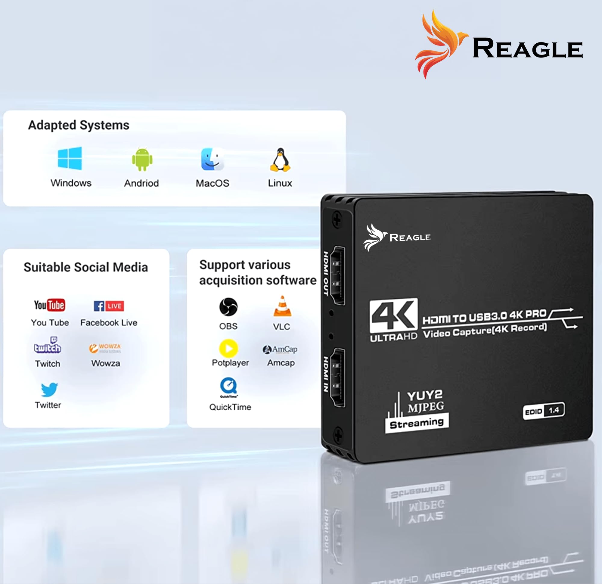 Reagl HDMI Video Capture Card 4K 60Hz USB 3.0 YUY2 OBS HDCP Game Capture para Consola,Cámara Plug & Play Stereo Audio HDMI Loop-Out Aluminio Carcasa