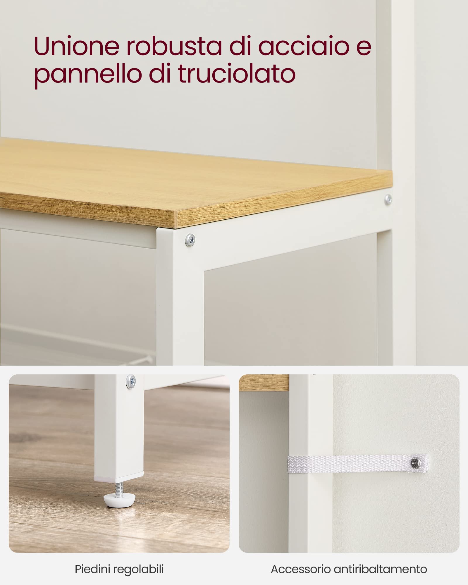VASAGLE Appendiabiti, Mobile Ingresso con Ganci, Specchio, Panca Scarpiera e Ripiani, 36 x 98 x 185 cm, Corridoio Camera da Letto Salotto, Color Rovere e Bianco HSR050W09