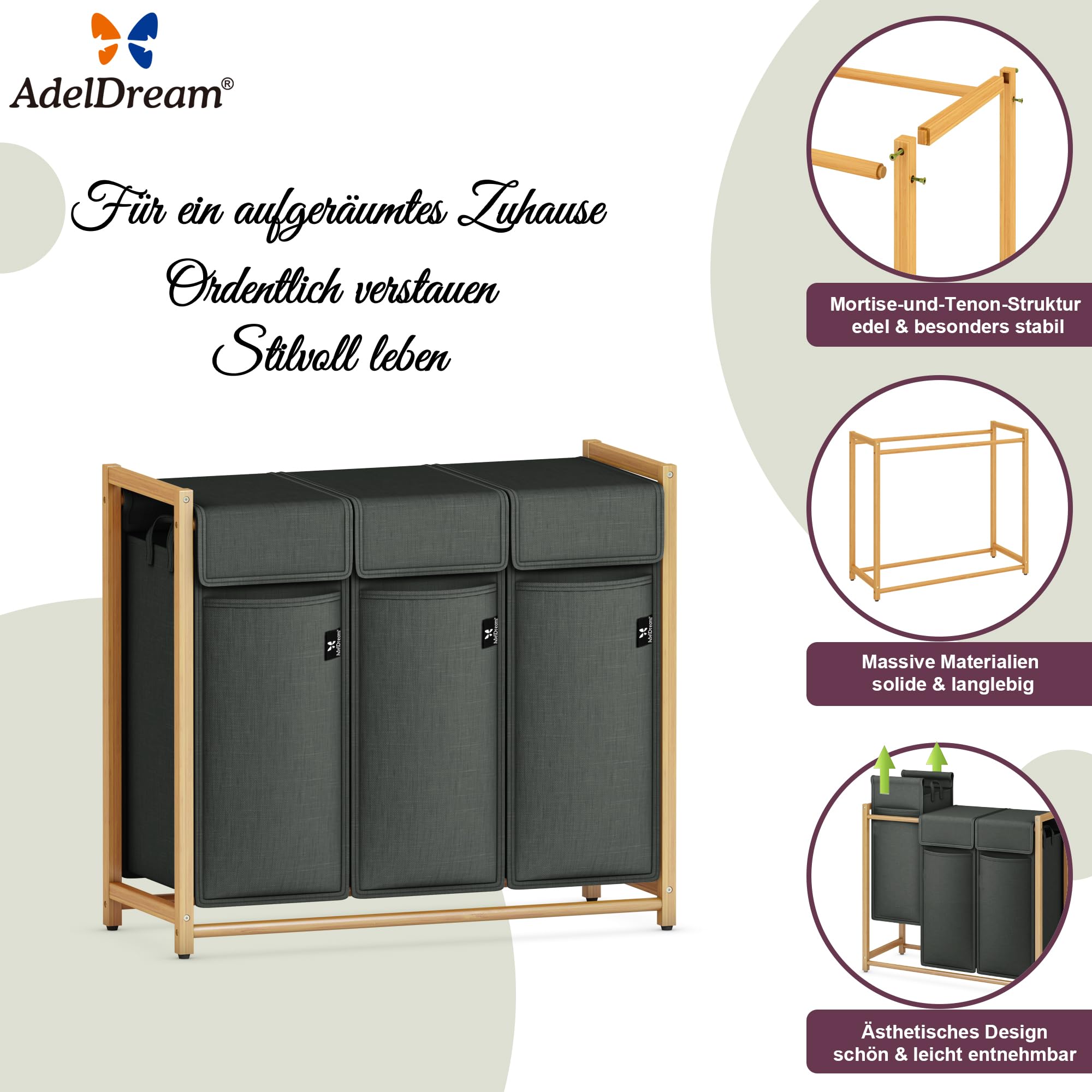AdelDream Cesto per Biancheria, Separatore per Vestiti, 3 Scomparti, Carrello per Biancheria con Tasche Rimovibili, Bambù 150 L, Grigio Scuro