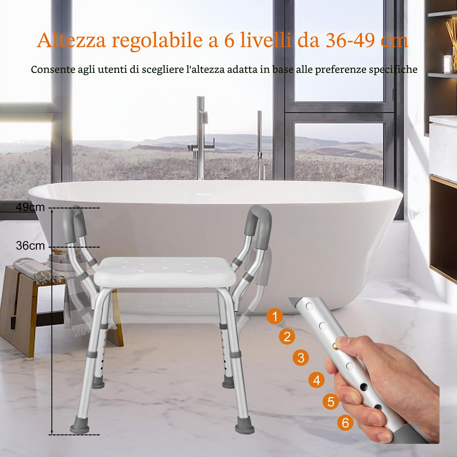 HOMASIS Sgabello da doccia regolabile in altezza in 6 nilveles, panca da doccia in alluminio con braccioli imbottiti rimovibili e piedini in gomma antiscivolo, per anziani, 59 x 34 x 54 – 67 cm,