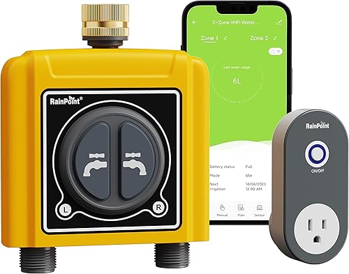 RAINPOINT Temporizador de agua WiFi con entrada de latón, temporizador de rociador de 2 salidas, controlador automático del sistema de riego,