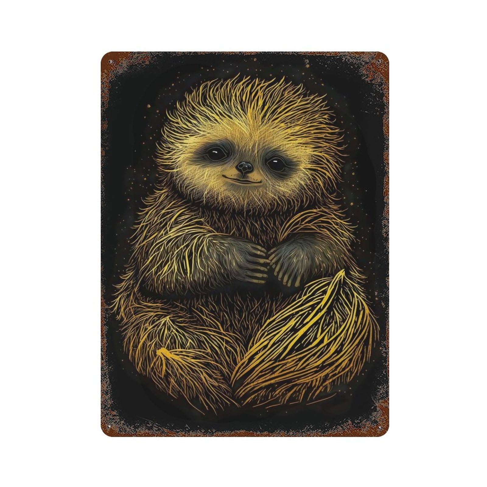 Rust Effect Sloth Black Gold Poster Rusty Metal Tin Sign 15.7"x11.8", Farmhouse Wall Decor for Cafe, Home Bar And Lounge Decor