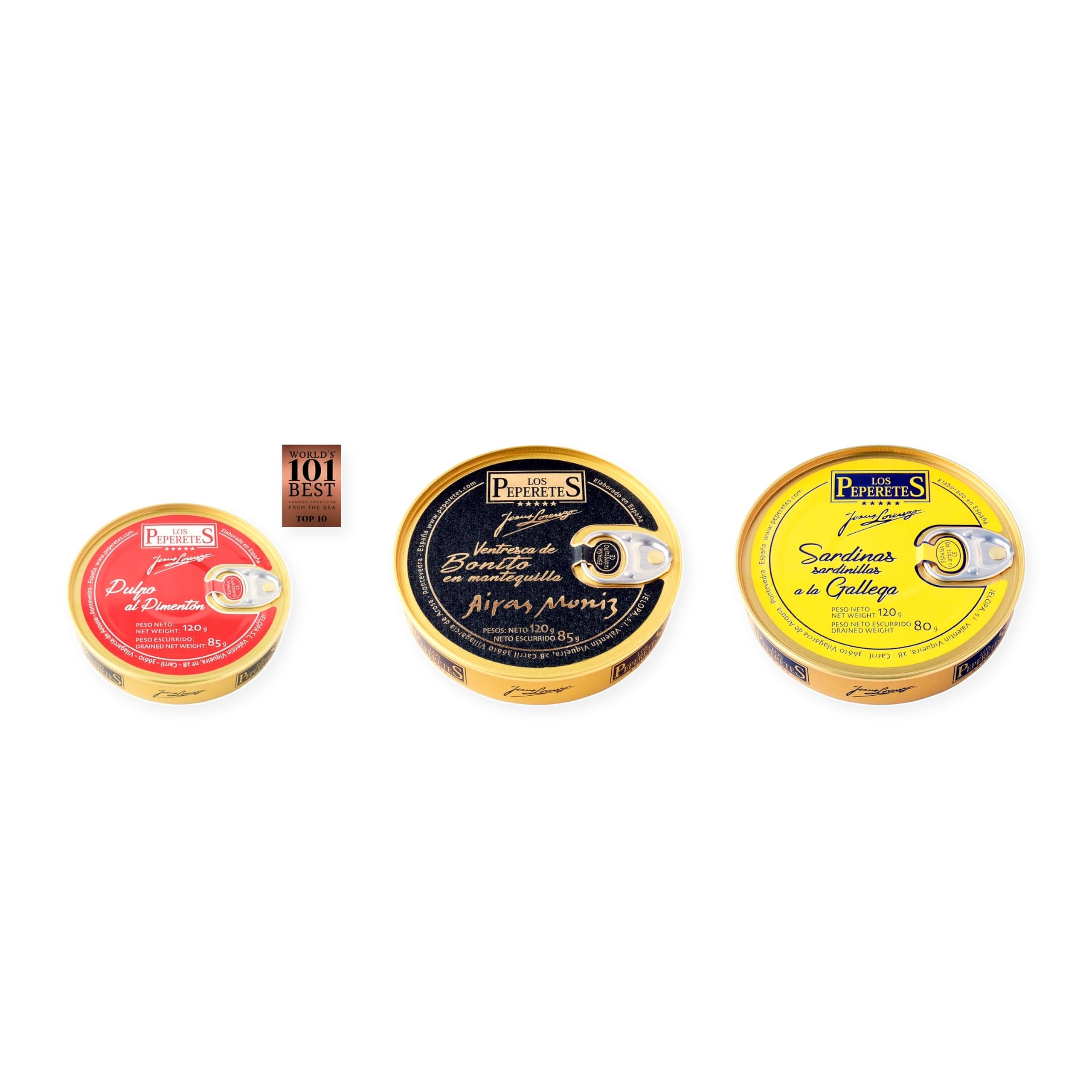 los peperetes conservas Pulpo Pimentón, Ventresca Bonito Mantequilla y Sardinillas Gallega pack 3 latas