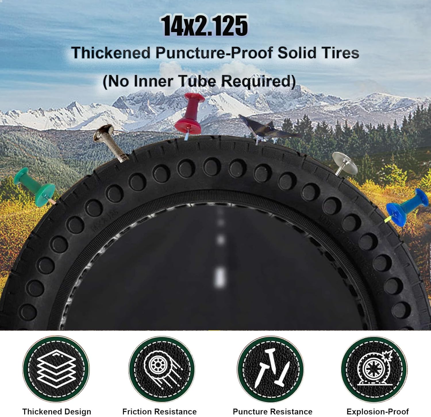 Bicycle Solid Tire 14x2.125, Rubber Honeycomb Tubeless Tire, 14 Inch Explosion-Proof Anti-Puncture Solid Tires, for Electric Bike