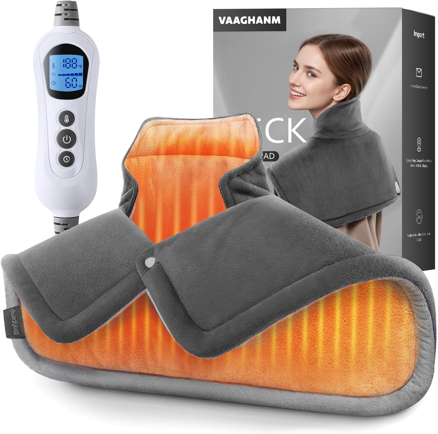 VAAGHANM Heating Pad: Electric Heat Pad for Pain Relief-Weighted Instant Heating Pads for Neck and Shoulders-6 Heat Options & 6 Auto Timer Mode-Gifts for Mom Women-Grey Dark Grey