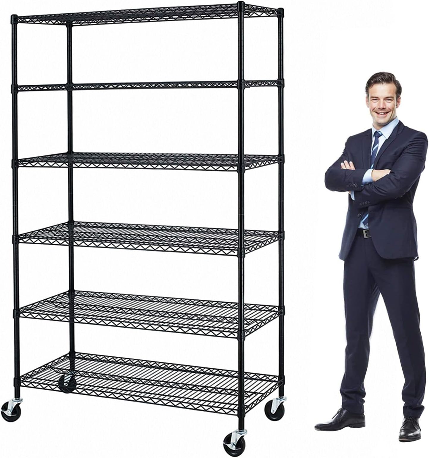 6000Lbs Capacity Heavy Duty Storage Shelves Commercial Wire Shelving Unit and Storage Adjustable NSF 6 Tier Metal Rack Shelf on Wheels for Garage Basement, 76 H x 48 L x 18 D - Black