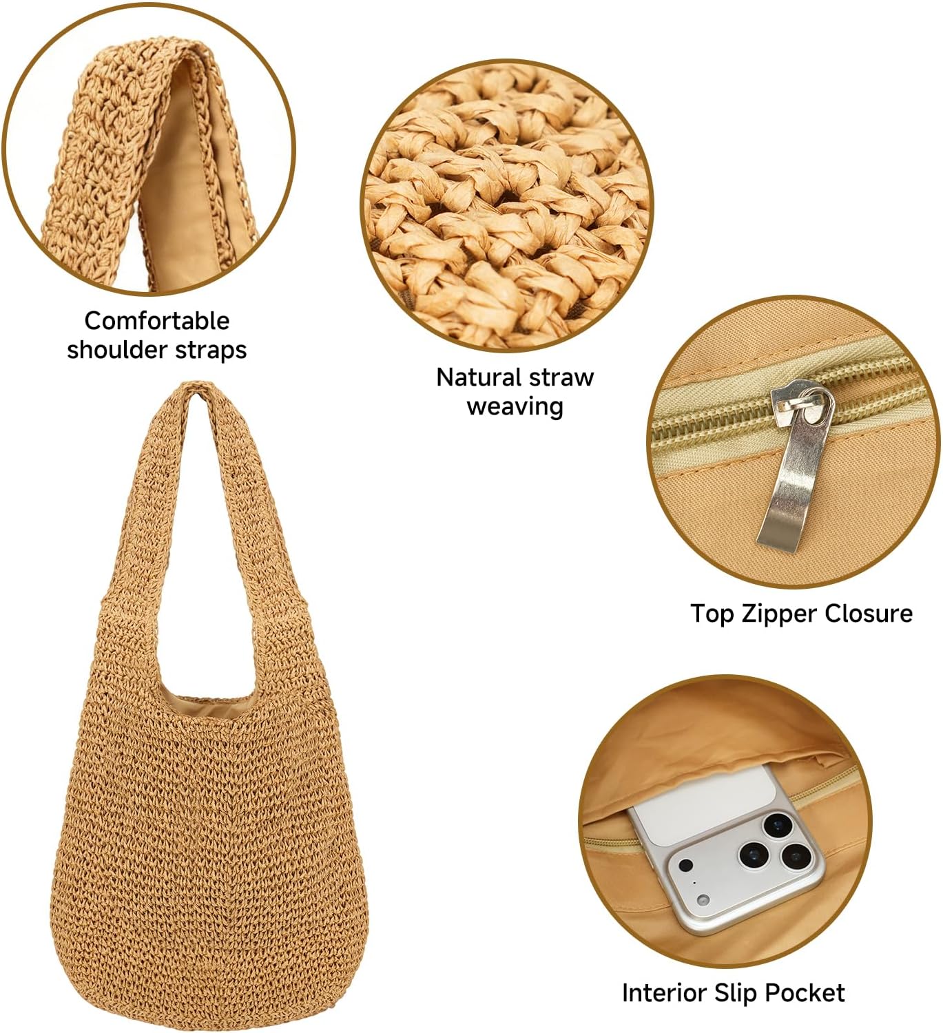 Women Straw Beach Bag Summer Soft Large Woven Shoulder Handbag, Handmade Crochet Tote Bag, Boho Woven Straw Bag