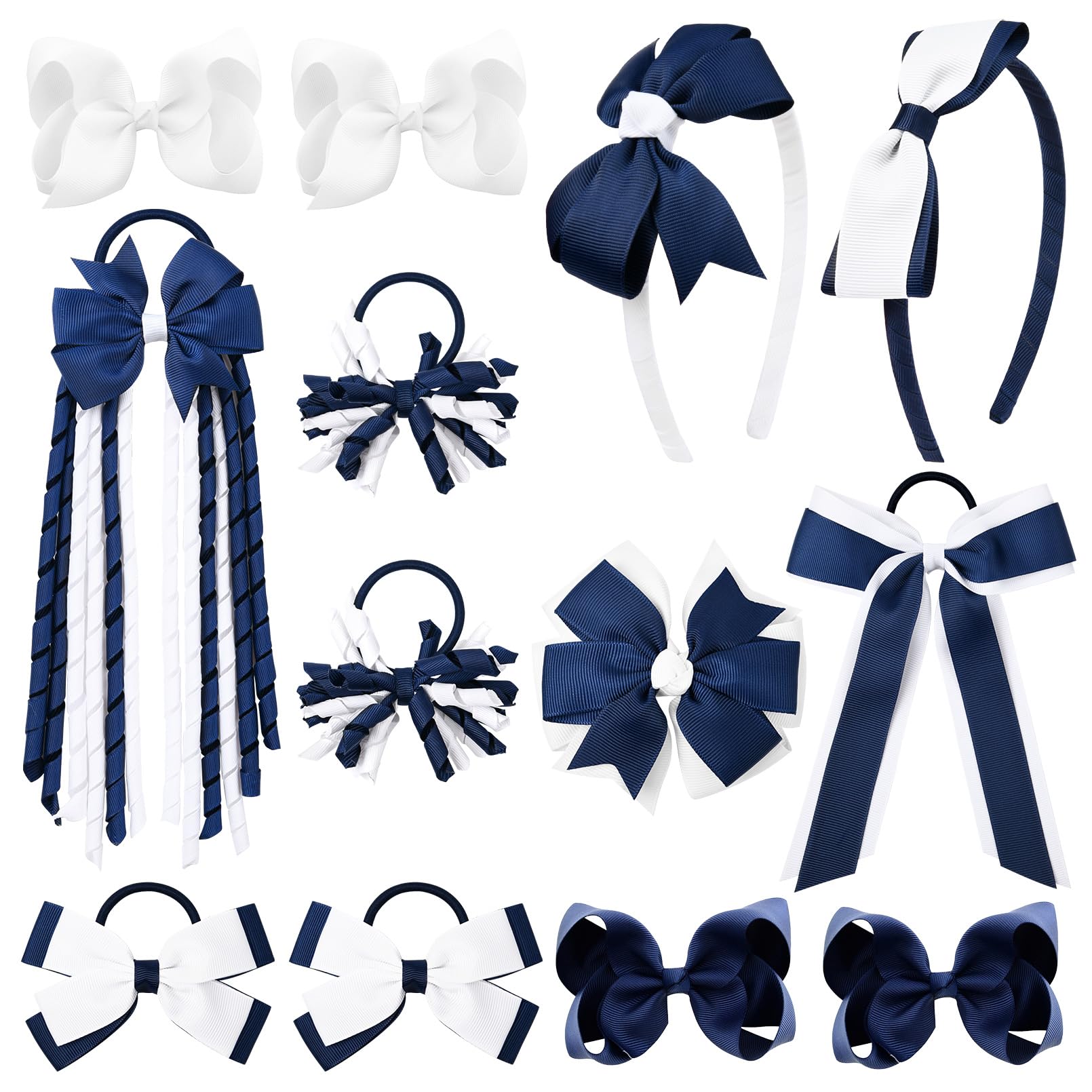 DEEKA Navy & White School Hair Accessories Set 13 Pcs Uniform Hair Bow Headband Clips Hair Ties Curly Korker Bows for Little Toddler School Girls (