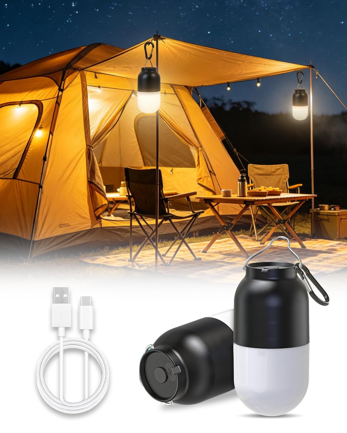 Camping Light Rechargeable, Portable Camping Lights for Tents with Hanging Hook & 2 Lighting Modes, Waterproof LED Tent Light for Camping,Hiking,Fishing,Emergency(2 Pack)