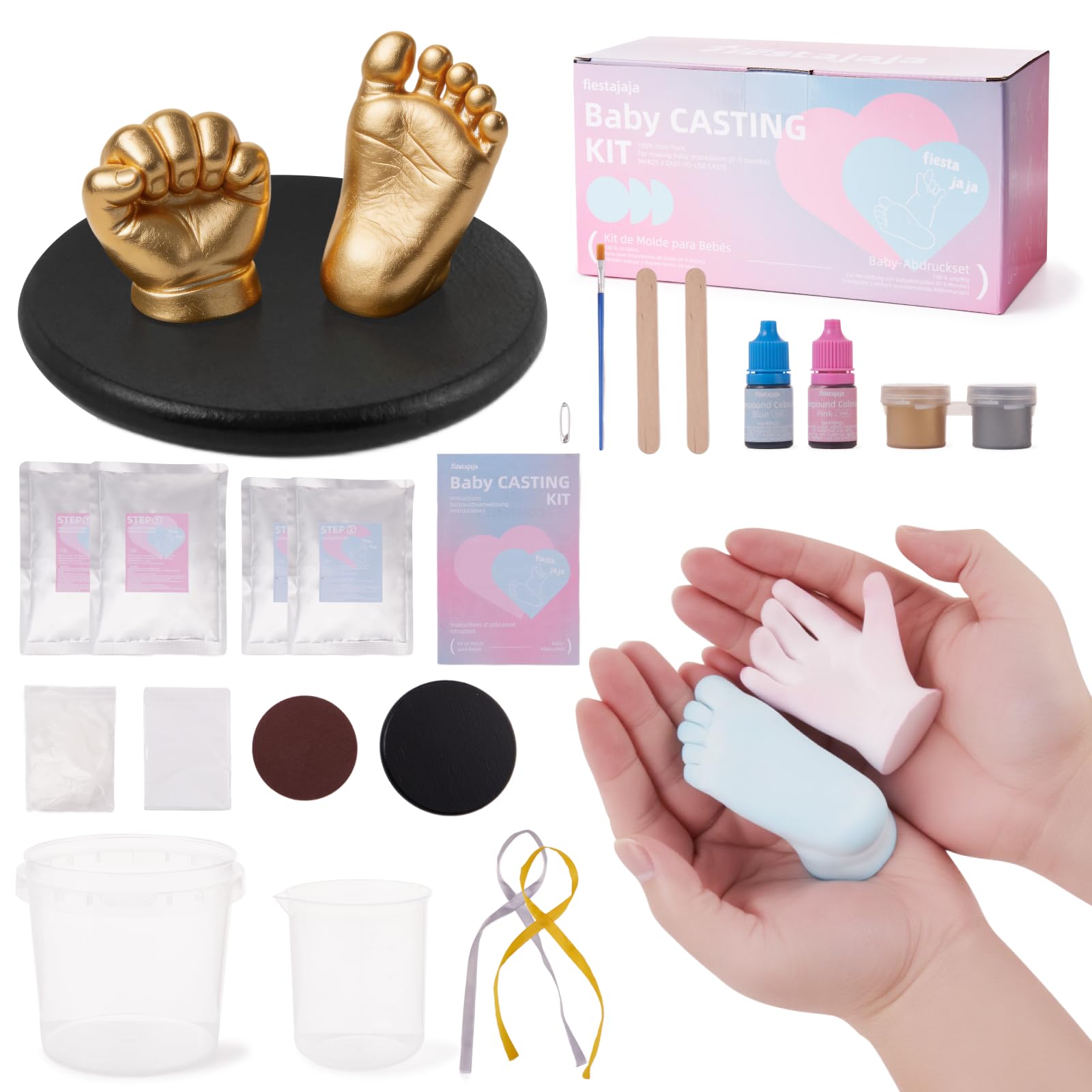 3D-Baby-Guss-Set, Fußabdruck und Handform, Rosa und Blau, mit Holzsockel, personalisiertes Geschenk für Neugeborene, für Jungen und Mädchen, 0-9 Monate