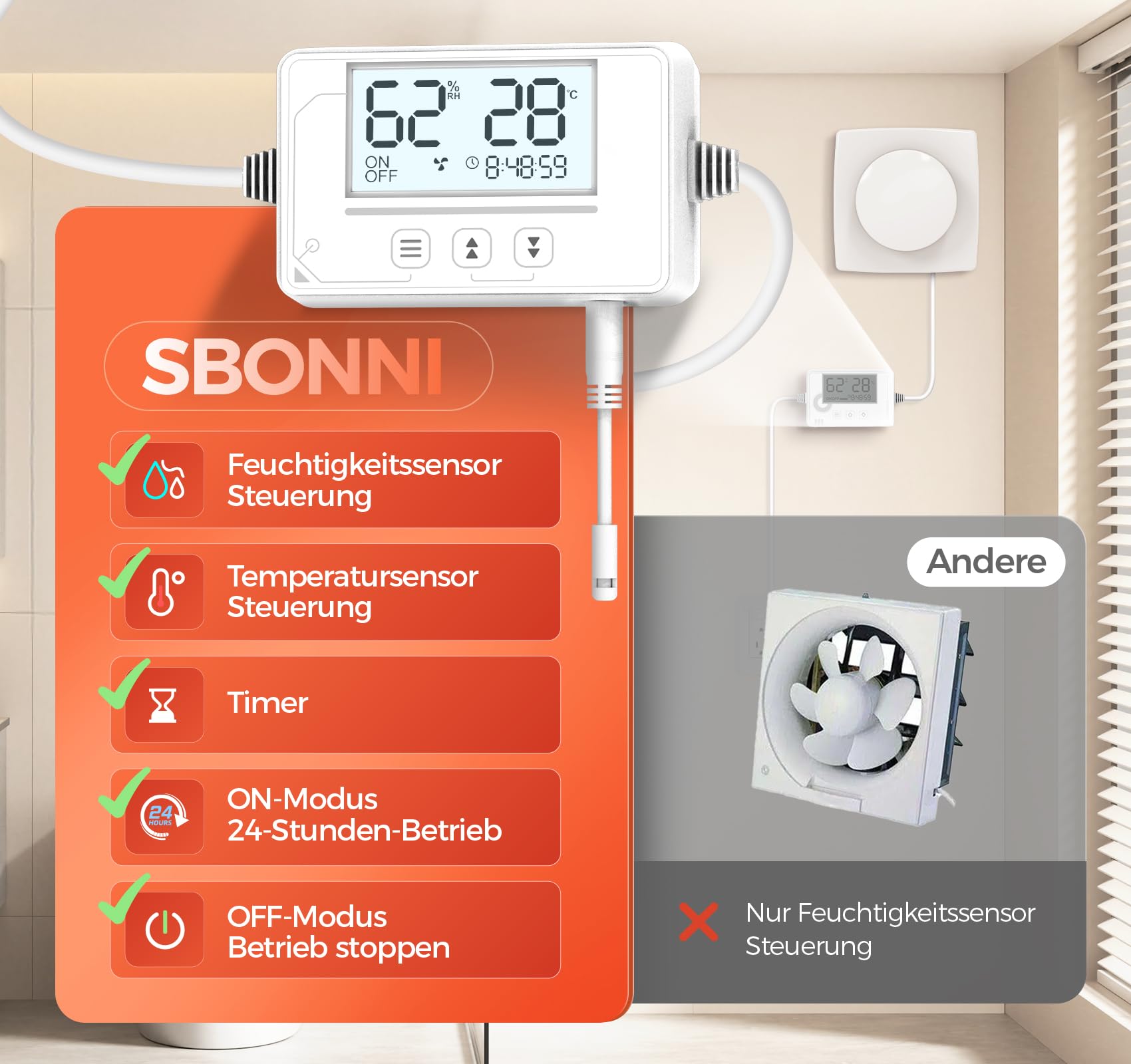 Badlüfter mit Feuchtigkeitssensor Temperatursensor Timer - 3 Stufen Bad Lüfter 100mm - Automatischer leiser Leistungsstark Abluftventilator for Badezimmer WC keller P117 (ohne Fernbedienung)