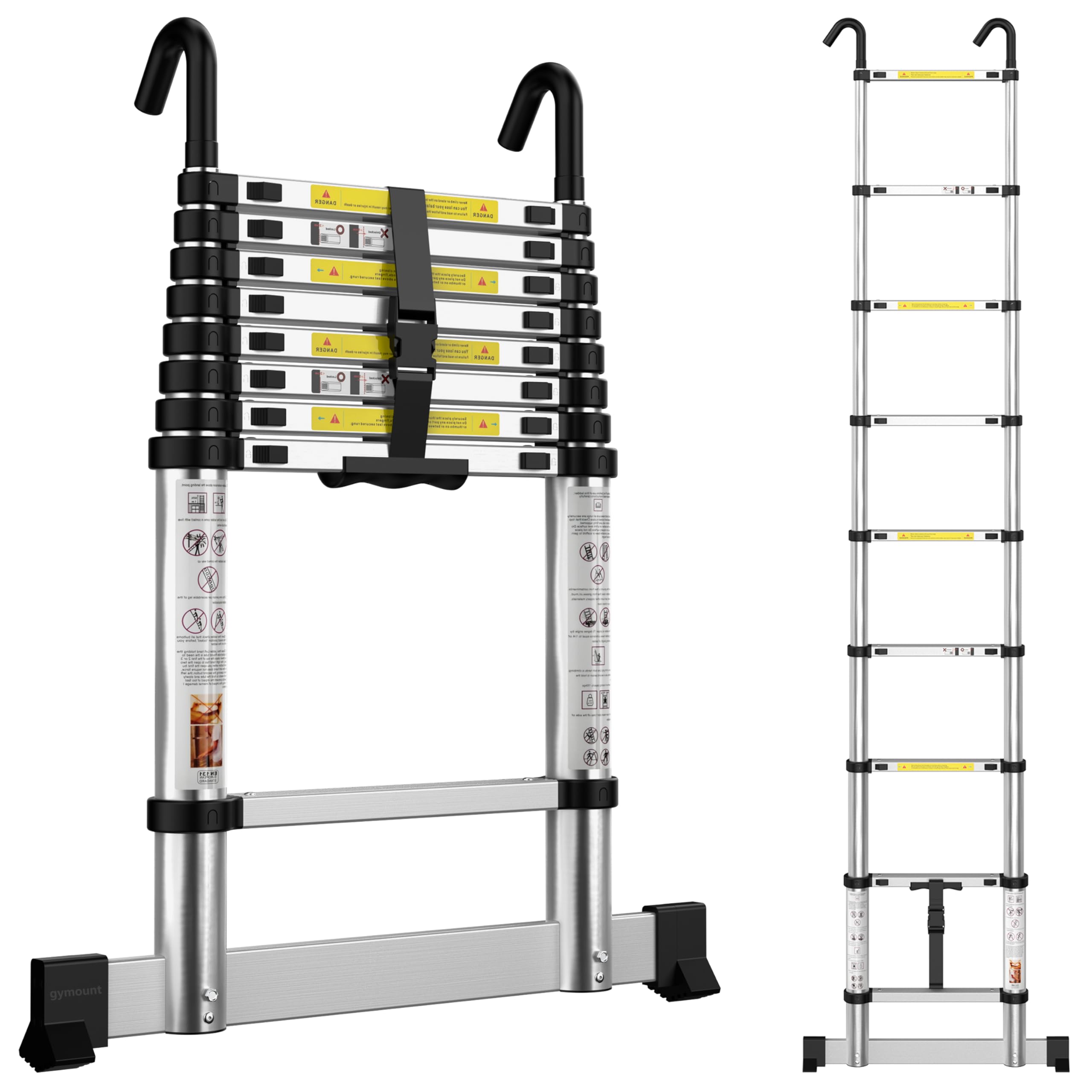 Telescopic Ladder 2.6M Aluminium Extension Extendable Loft Ladder Portable Ladders with Stabilizer Bar and Detachable Hooks for Roof Loft Caravans RV