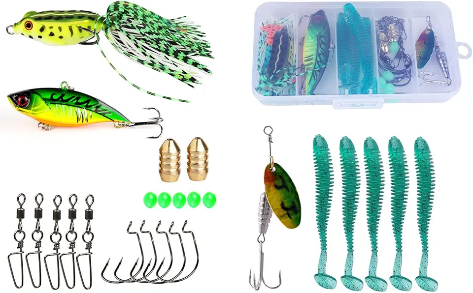 Kit de Isca Artificial Sougayilang Pesca Misturado com Ganchos e Acessórios de Iscas Suaves para Pesca de Águas Doce e Salgada Truta Salmão