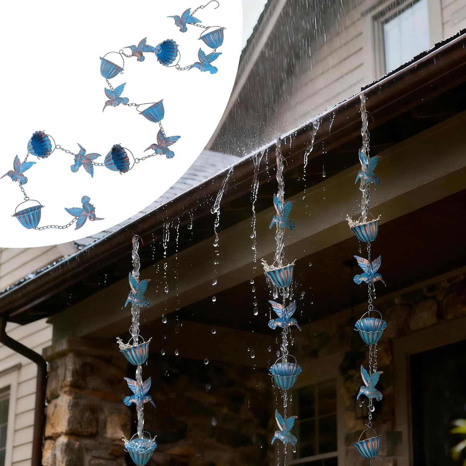 2,4 M Chaîne de Pluie pour Gouttières,Chaine De Pluie,ChaîNe Attrape-Pluie pour GouttièRe avec Crochet,7 Oiseaux et 7 Coupelles en Métal Bleu Rétro,pour ExtéRieur Et IntéRieur,Attrape-Goutte d'eau