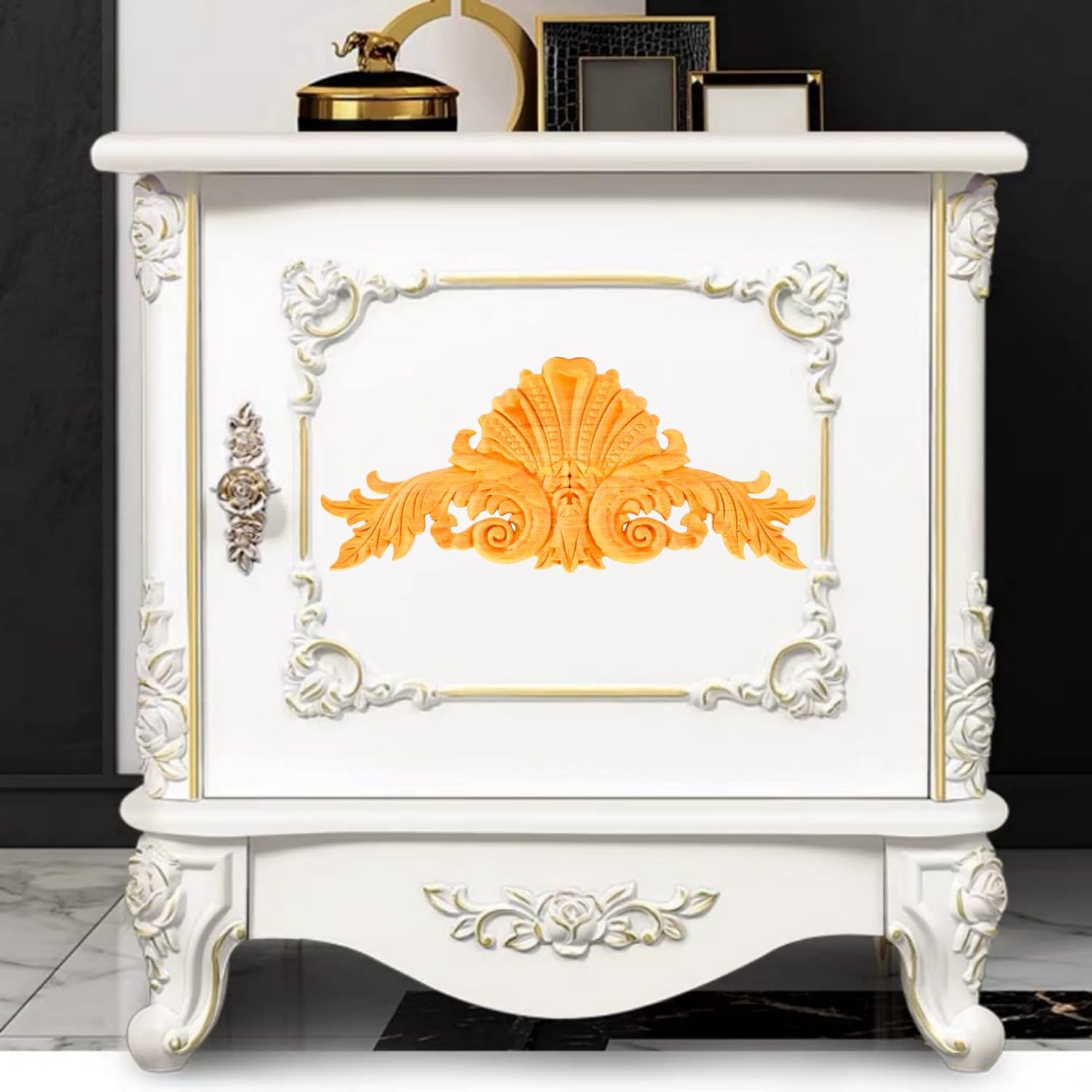 European Style Wood Carved Onlay Appliques - Unpainted Furniture Decal for Bed, Door, Cabinet (40x16cm/15.75x6.30inch)