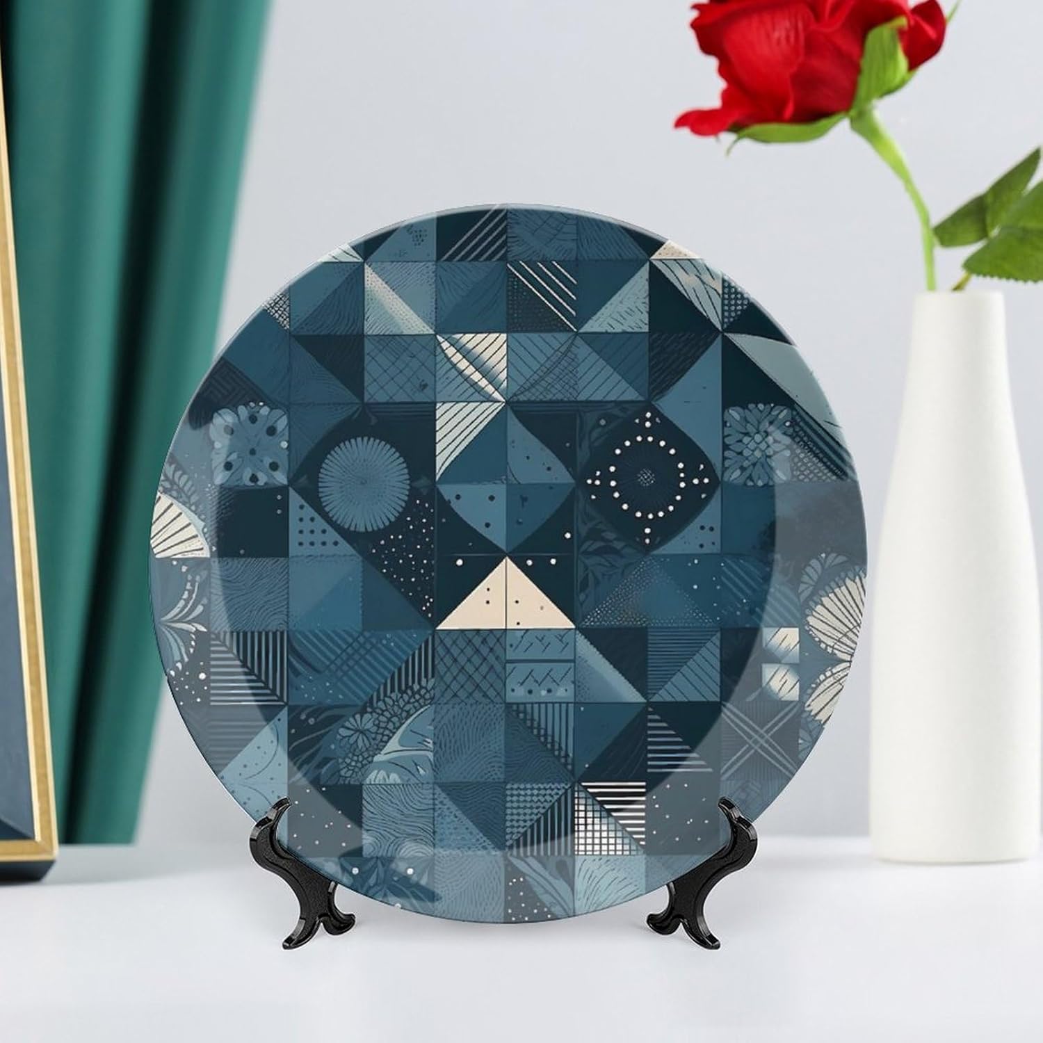 Bone China Decorative Plates Blue Geometric Pattern Ceramic Decorative Plate Wall Decor with Display Stand Ceramic Ornaments for Wall Hanging Decoration
