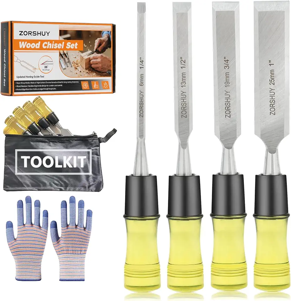 Wood Chisel Sets，4-Piece Woodworking Tools Set, for Precision Carving &amp; DIY，CR-V Steel Beveled Edge Blades with Safety Caps,PVC High Impact Handle,Wood Tools Chisel Set(1/4", 1/2", 3/4&q