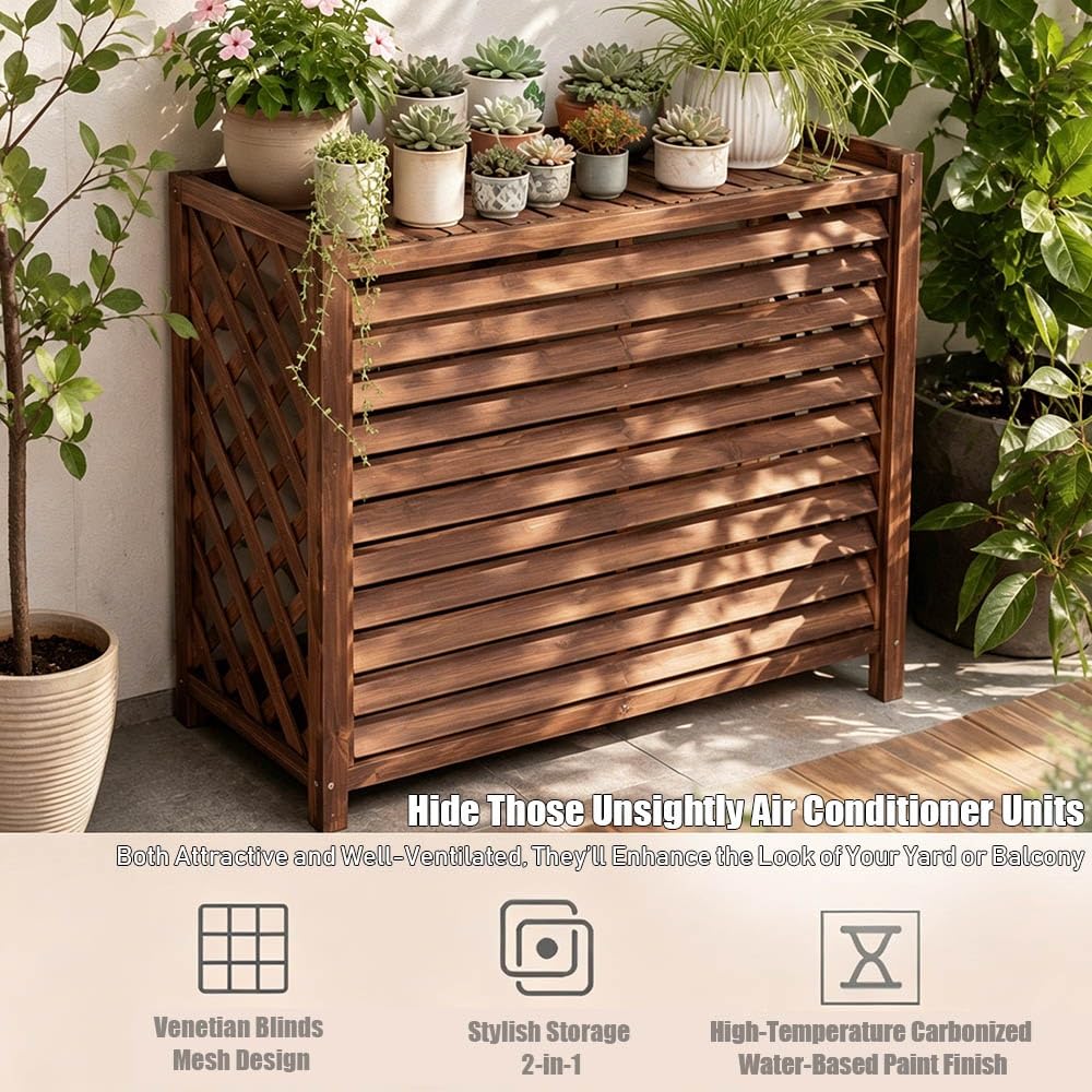 Cubre Aire Acondicionado Exterior De Madera Maciza, Cubierta Rejilla Soporte Flores La Unidad(100x43x94cm)