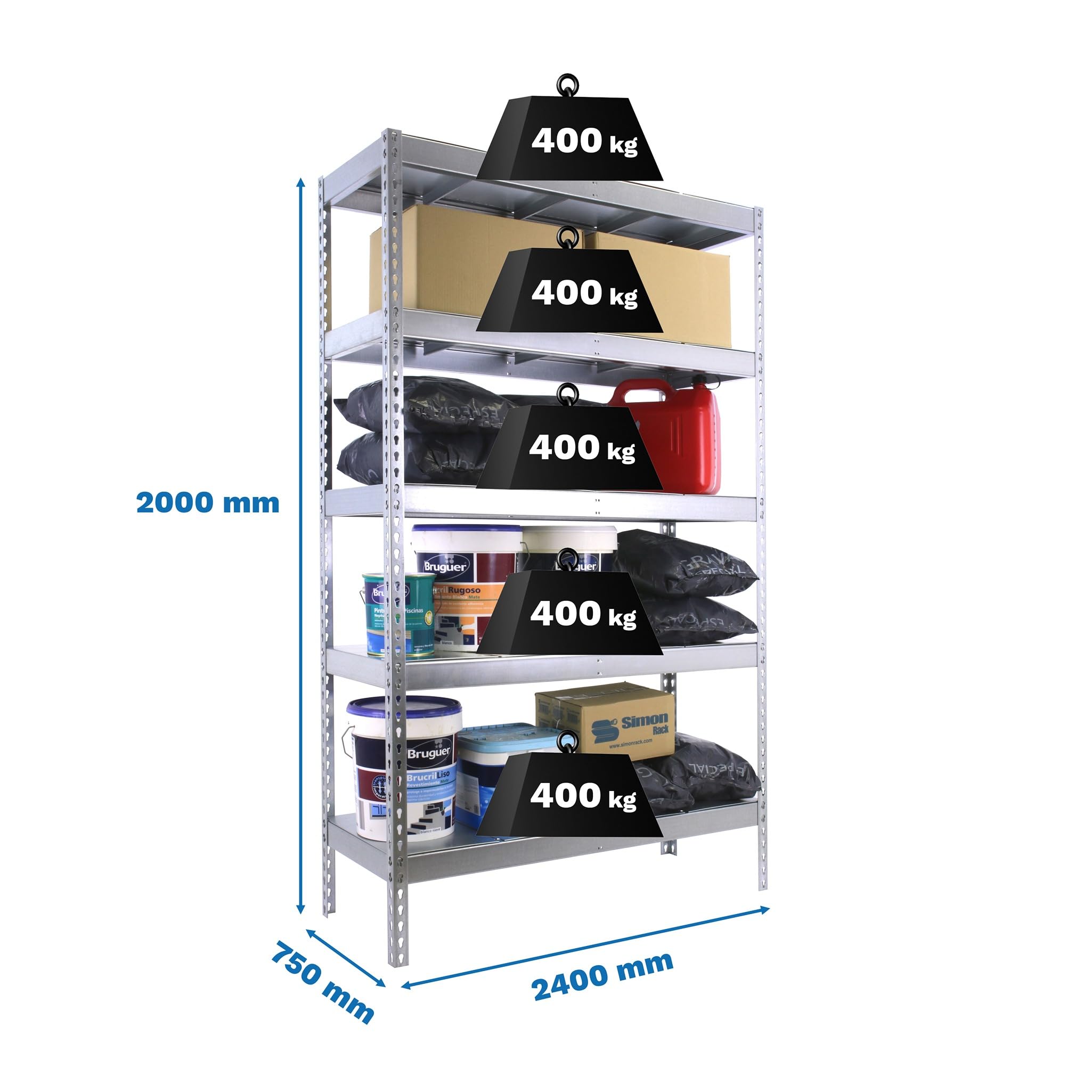 SimonRack Estantería Metálica Almacenaje, Sin Tornillos, 5 Baldas, Alta Capacidad Carga 400 kg, 2000x2400x750 mm, Estantería Taller Garaje Trastero, Galva/Galva | 5 Estantes Metálicos, 400 kg de Punto Flexión, Pintura anticorrosión, Galvanizado, Montaje s