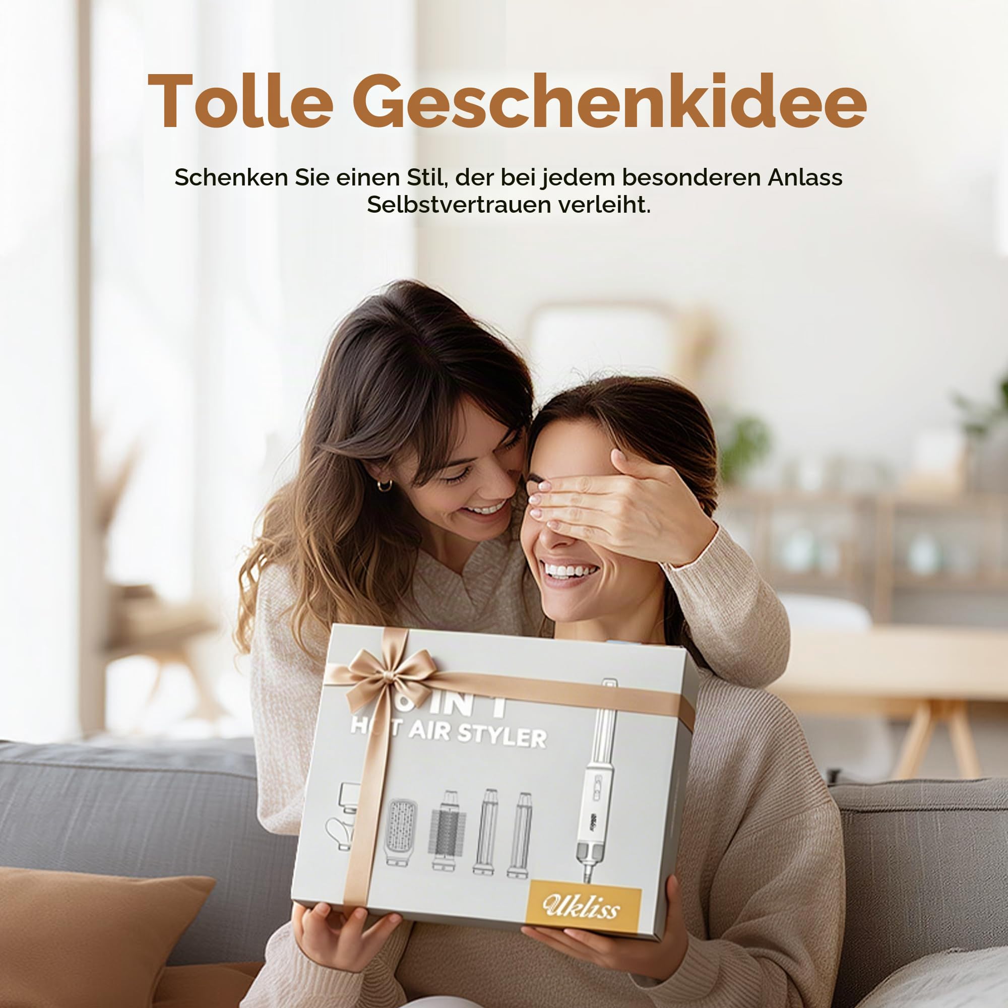 UKLISS Hairstyler 6 in 1 Air Styler Set [mit Diffusor], Pro Hair Styler Set | LCD Display 1000w Haartrockner mit Diffusor, Air Lockenstab Rundbürstenföhn, Föhnbürste, Glättbürste - Gold Blau