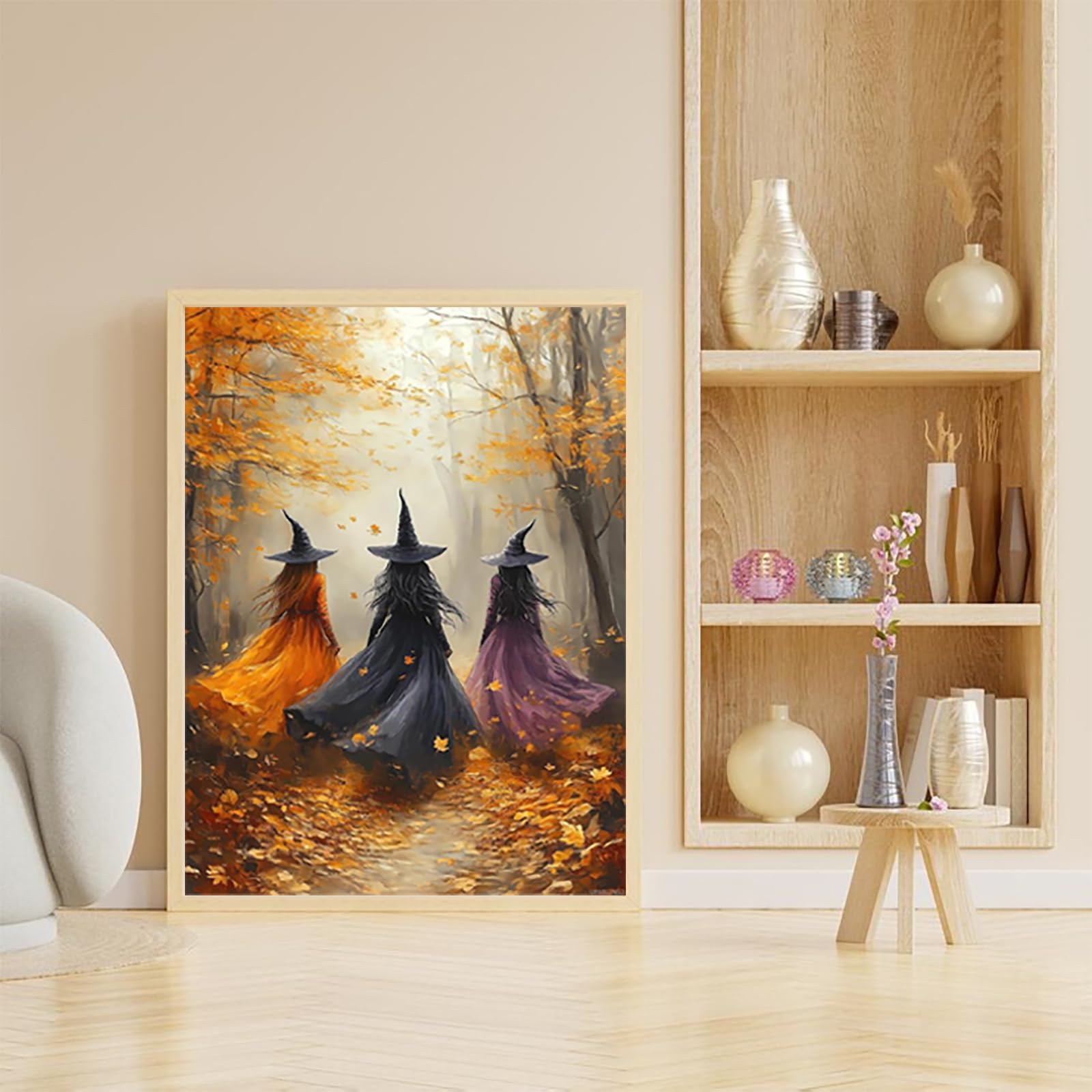 Kit de arte de pintura de diamantes vintage de tres brujas en el bosque para adultos, Halloween, pintura artística de diamantes para principiantes, pintura de gemas redondas para manualidades,