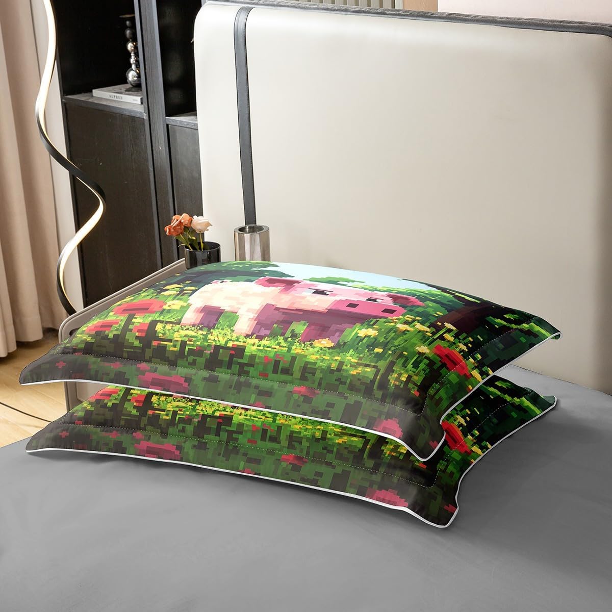 Castle Fairy Pink Pig 100% Organic Cotton Duvet Cover Set Pixelated Style Floral Comforter Cover Set (Not Comforter) Cartoon Animals Bedding Set Queen Size 3 Pcs