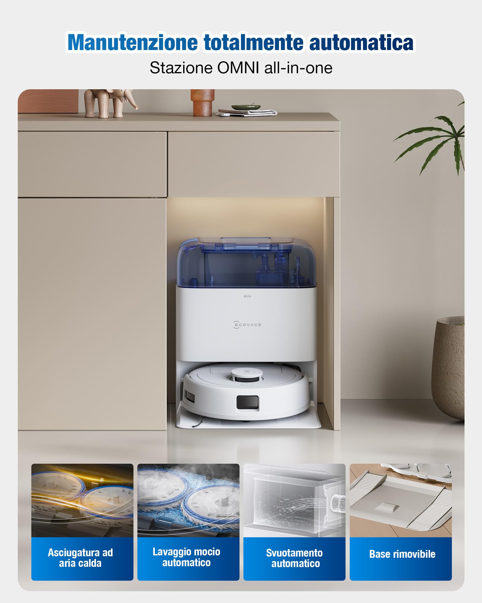 ECOVACS DEEBOT MINI Robot Aspirapolvere Lavapavimenti, 9000Pa, ZeroTangle 2.0, TrueMapping 2.0, Asciugatura ad Aria Calda 45°C, Svuotamento Automatico, Lavaggio Profondo Intelligente, Blu