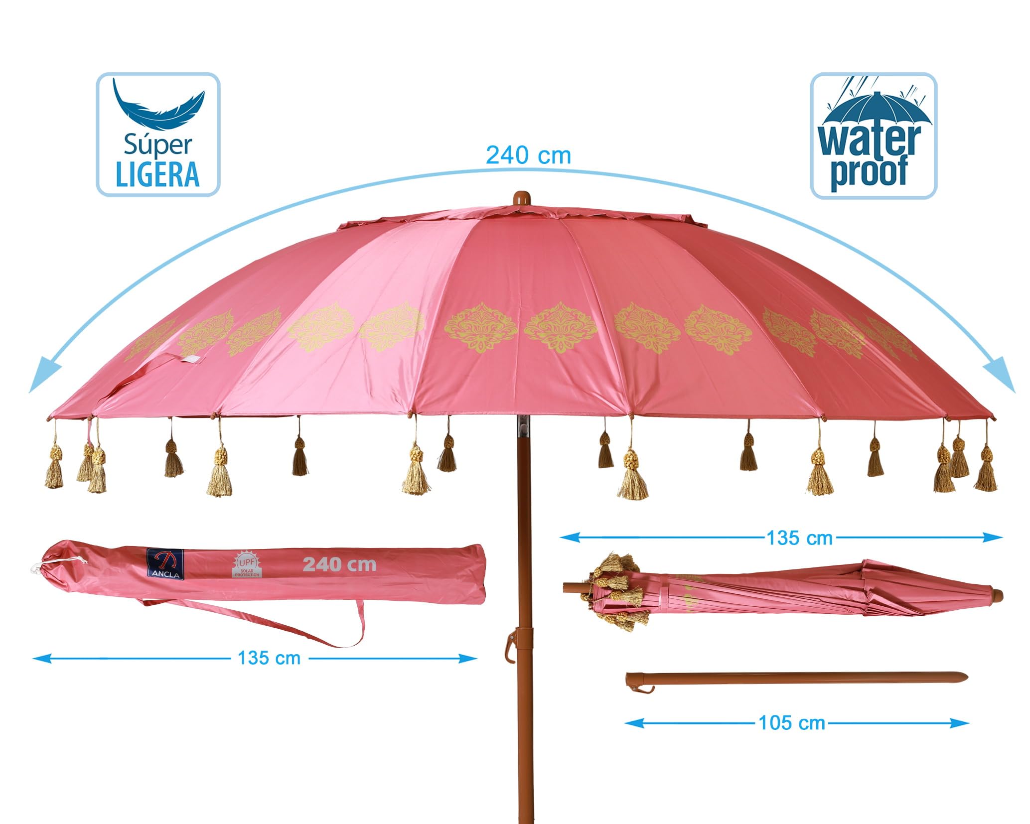 Atosa Strandschirm Ø 180 bis 240 cm aus Aluminium Orientalisches Modell mit Fransen mit LSF 50+, korallenrot, 240 cm, Sonnenblende
