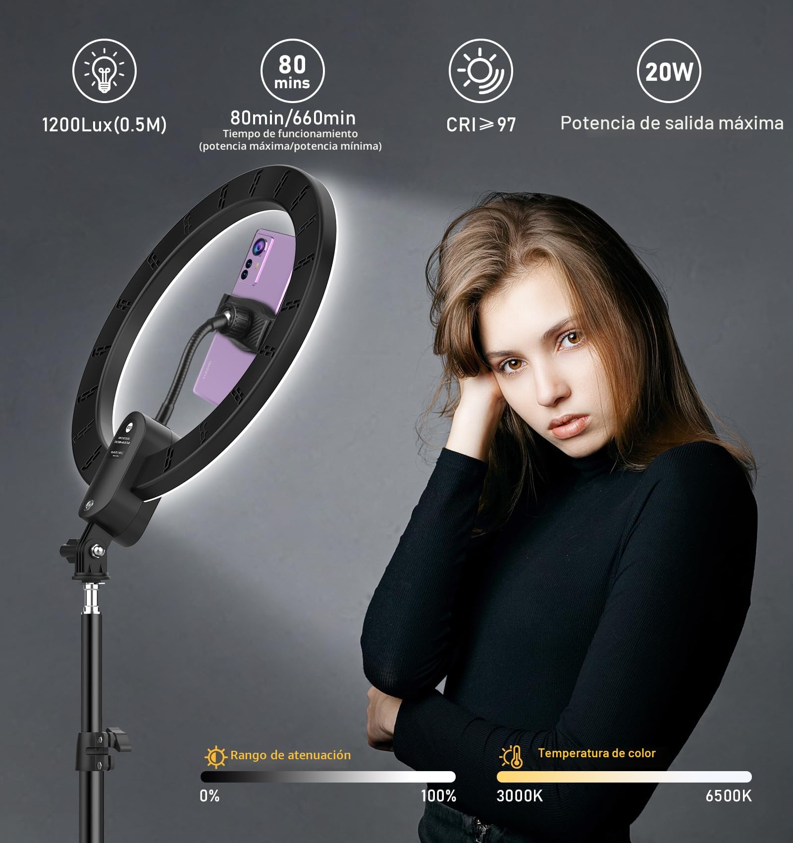 12'' Aro de Luz con Trípode 160cm, Anillo de Luz Profesional Selfie Ring Light 2800mAh Recargable BateríA, Tripode para Movil con Aro de Luz para Tiktok/Youtube/Maquillaje/Streaming/Fotografía