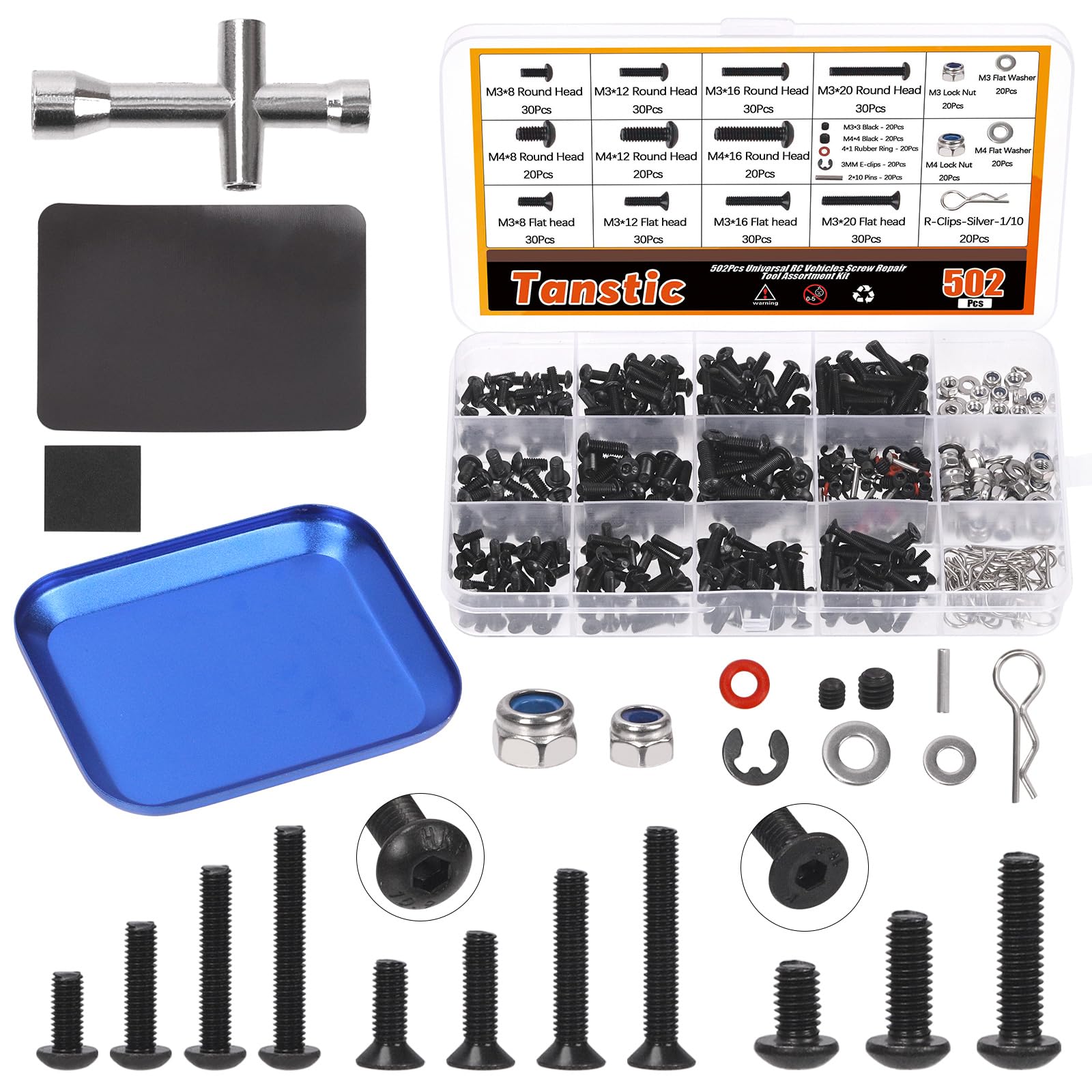 Tanstic 502Pcs Universal RC Screw Kit, RC Repair Tool Kit with Magnetic Screw Tray Hardware Fasteners Compatible with Traxxas Axial Redcat HPI Arrma Losi 1/8 1/10 1/12 1/16 Scale RC Cars Crawler