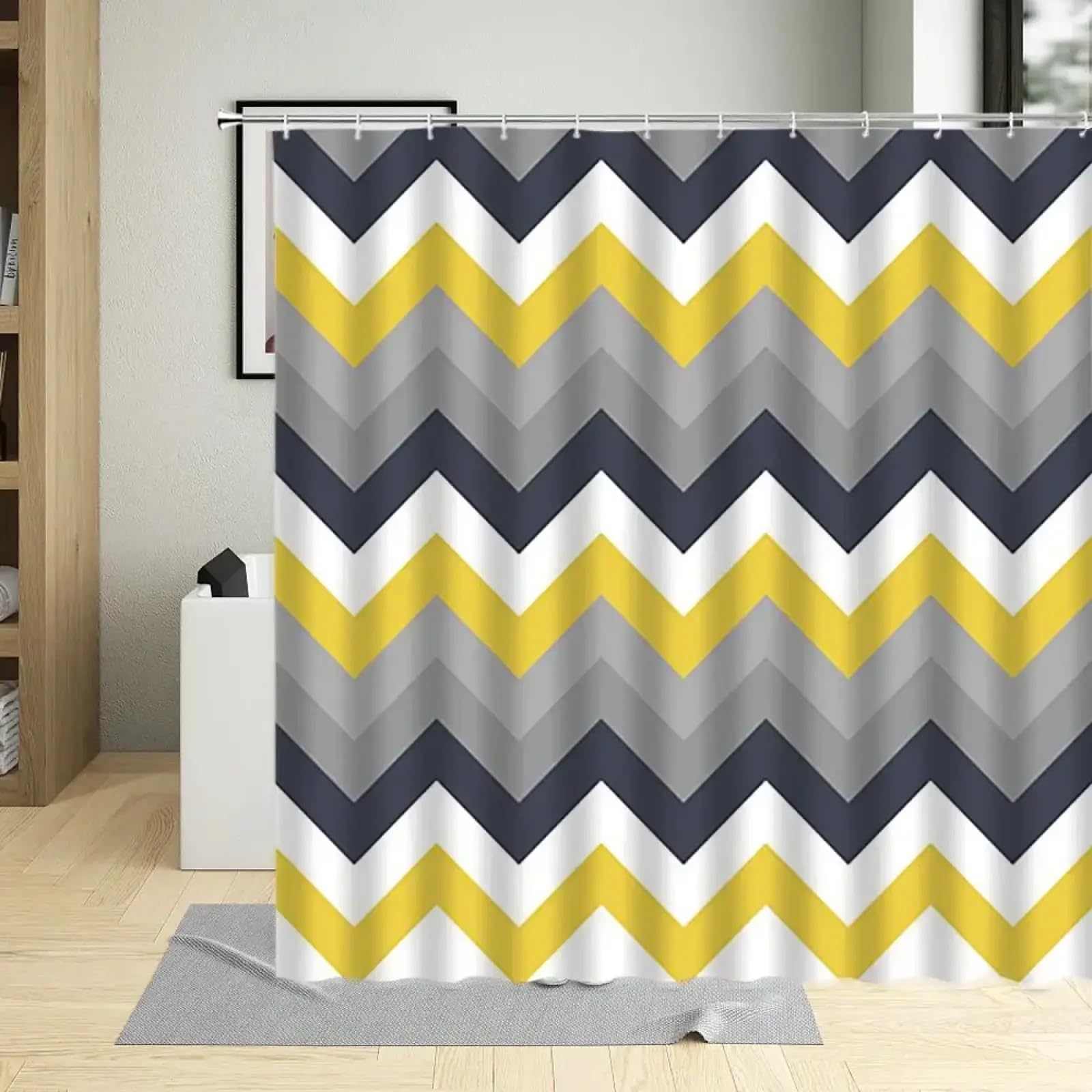 Rideau de douche imperméable à rayures ondulées colorées en tissu polyester 107x205cm avec crochets