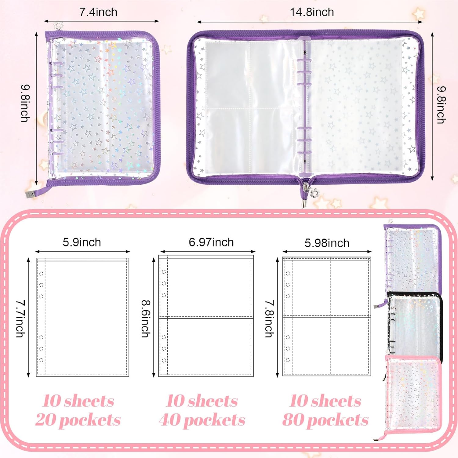 Feifeiya 3 Pack 3 in 1 Sticker Storage Organizer Binder A5 Reusable Sticker Collecting Book Album Holder with Zipper Cards Keeper with 140 Pockets(Pink Black Purple)