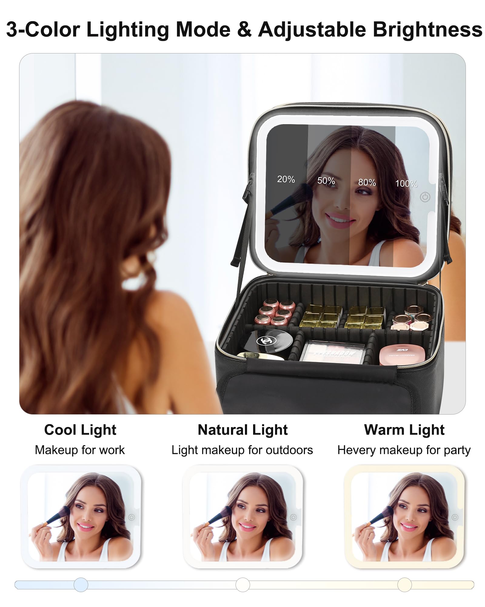 Relavel Beauty case con specchio a LED, piccola custodia da viaggio con specchio illuminato ricaricabile, 3 luci colorate, scatola cosmetica a doppio strato, organizer per pennelli da trucco, rossetto