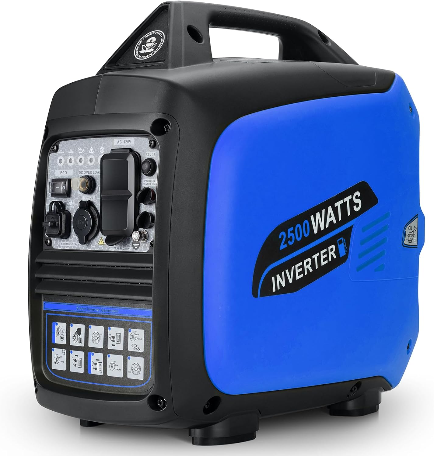 Oxseryn Portable Inverter Generator 2500W, blue and black, shown from a slight angle.