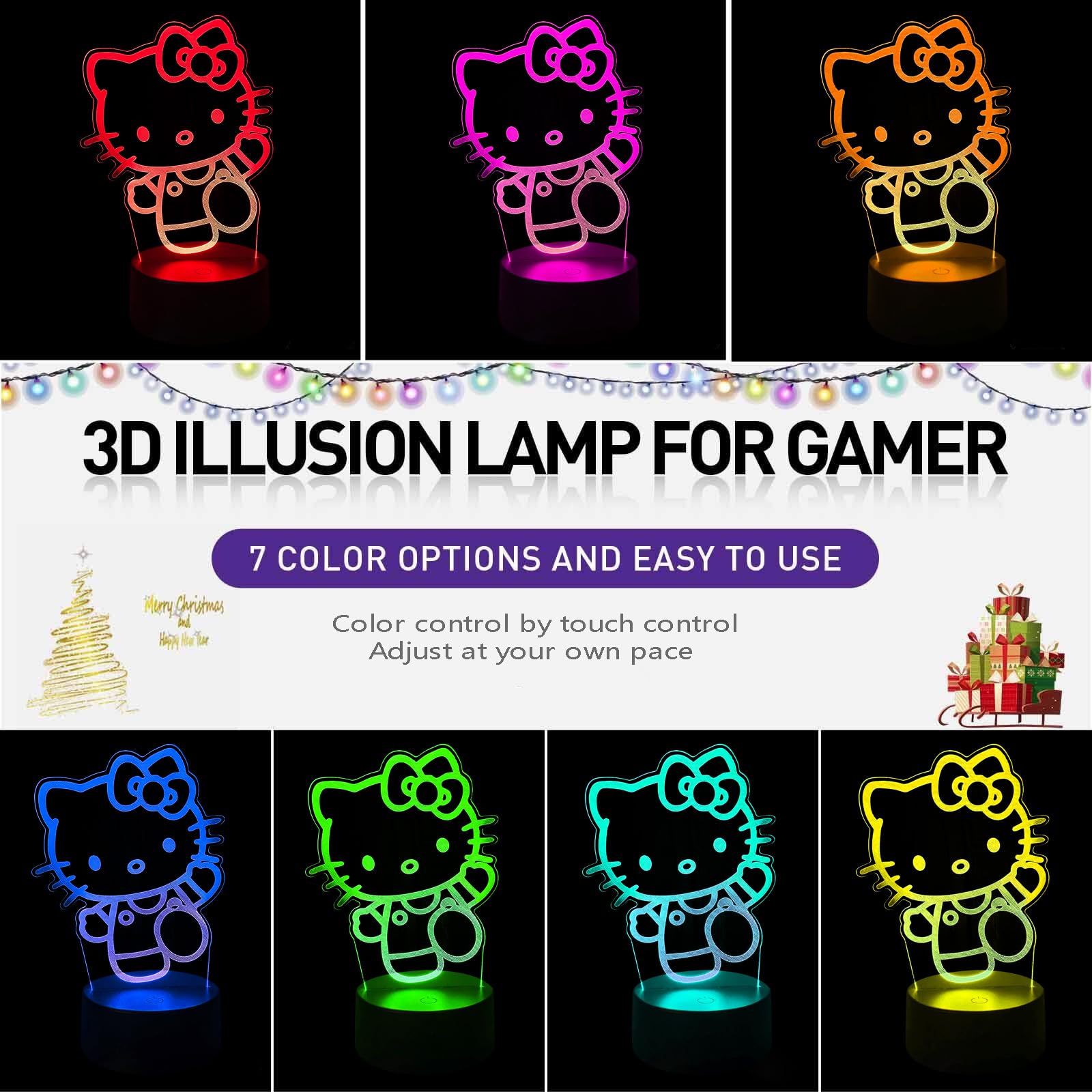 Lampara Gato, Kitty Accesorios 3D Tridimensional Luz Quitamiedos Infantil, Control Táctil Inteligente 7 Colores LED Lámpara Cabecera, Adecuado Para Niños Y Niñas Regalo Cumpleaños, Regalo Navidad