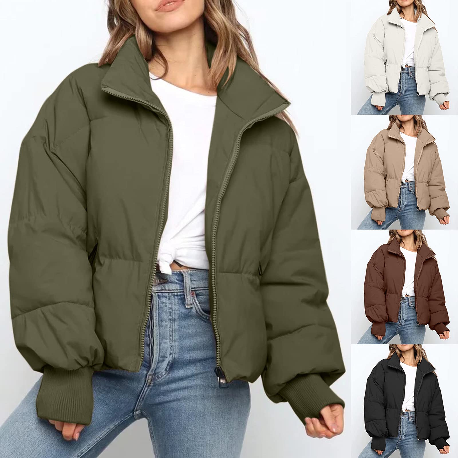 Chaqueta acolchada para mujer – Chaqueta de invierno corta y cálida de cuello alto – Chaqueta de entretiempo Slim Fit Femenale Jacket Baggy Abrigo de invierno con cremallera de un solo color
