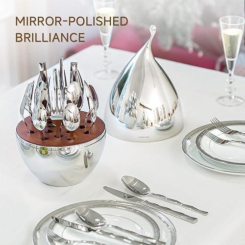 Miniatura 7 de Juego de cubiertos KINGSTONE con organizador de almacenamiento tipo gota de agua, lujoso juego de cubiertos de 20 piezas para 4, juego de cubiertos