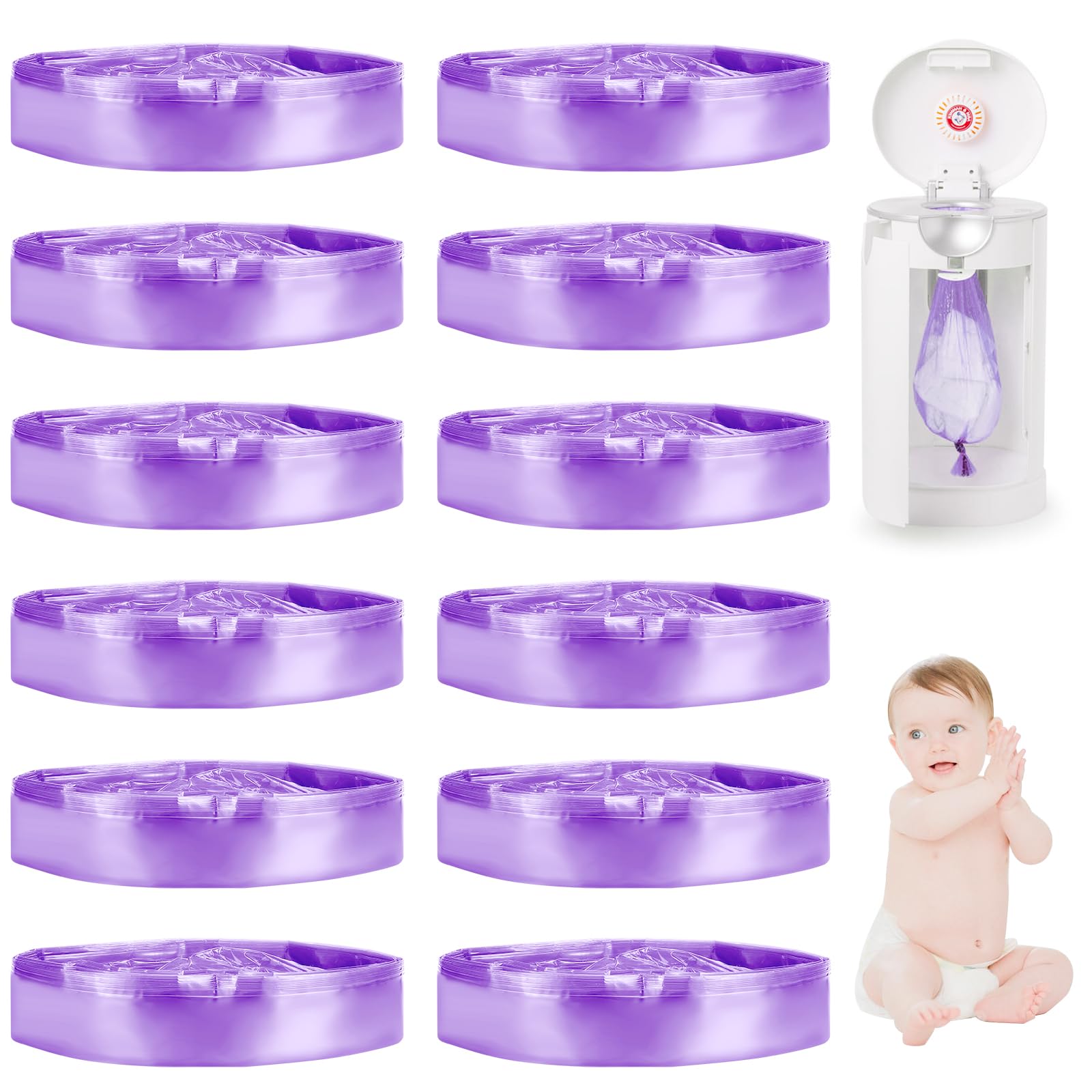 12 Stück Windeleimer Nachfüllkassetten, 4,5M Nachfüllfolie Windeleimer Geruchsdicht, 7 Lagige Folie Kompatibel für Allen Nachfüllung, Katzenstreu-entsorgungseimer, Violett