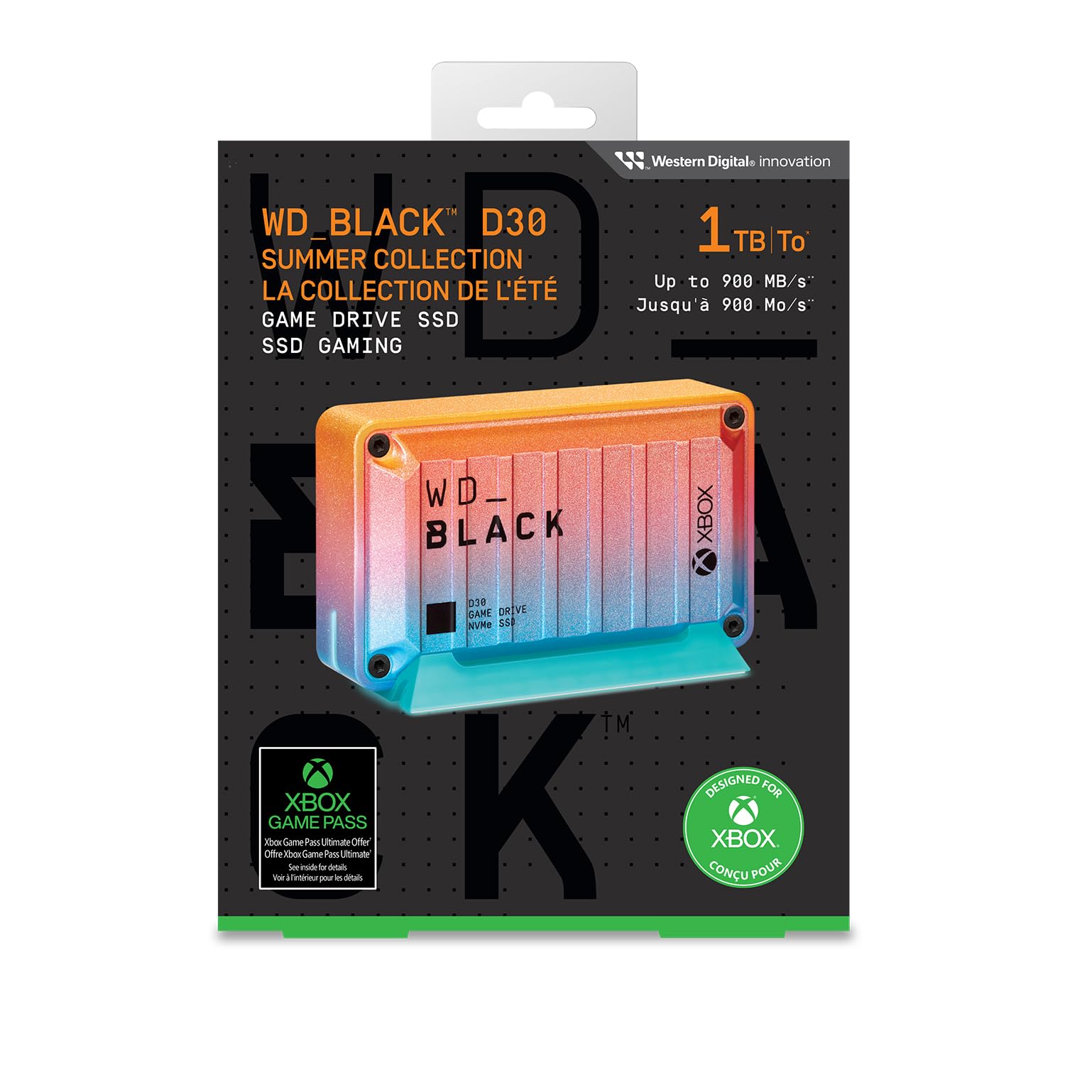 WD_BLACK D30 1TB SSD esterno per Xbox, Summer Edition, Compatibile con Xbox Series X|S, con velocità fino a 900 MB/s, con abbonamento di 1 mese a Xbox Game Pass, Unità a stato solido esterna